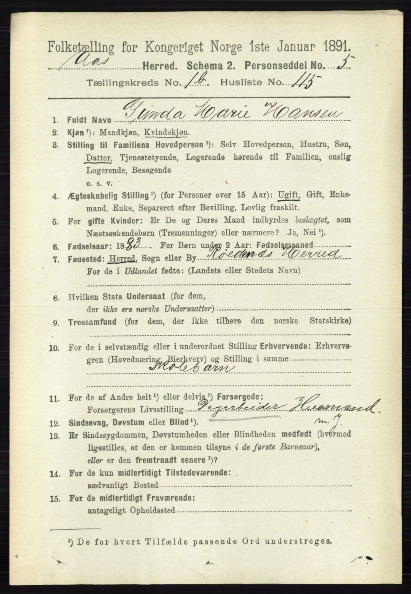 RA, 1891 census for 0214 Ås, 1891, p. 1484