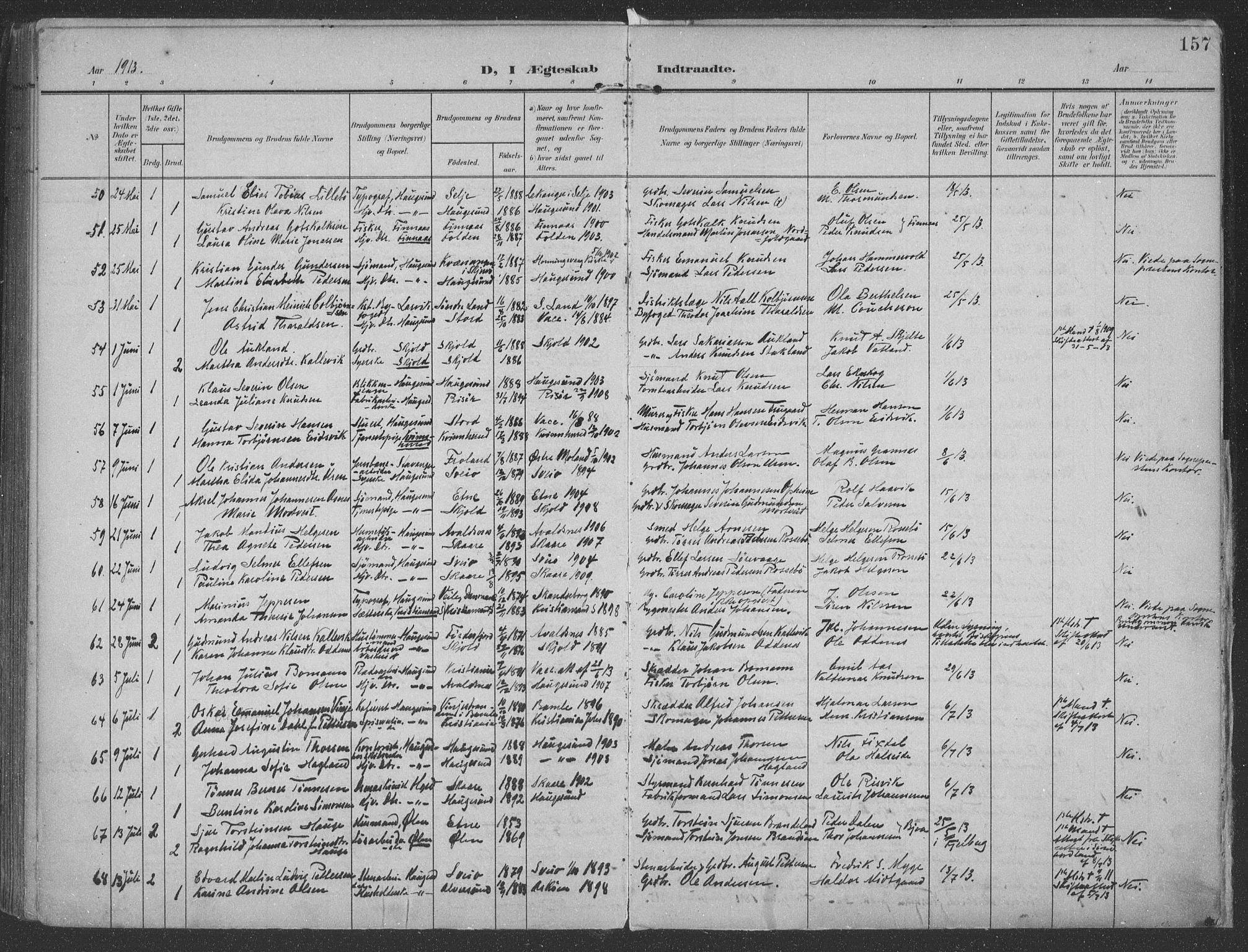 Haugesund sokneprestkontor, SAST/A -101863/H/Ha/Haa/L0007: Parish register (official) no. A 7, 1904-1916, p. 157