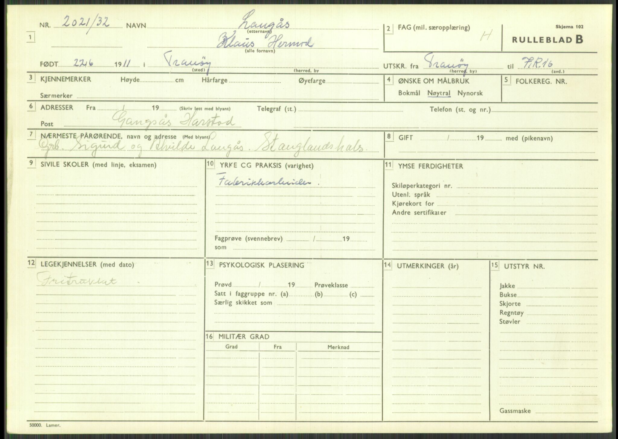 Forsvaret, Troms infanteriregiment nr. 16, AV/RA-RAFA-3146/P/Pa/L0016: Rulleblad for regimentets menige mannskaper, årsklasse 1932, 1932, p. 921