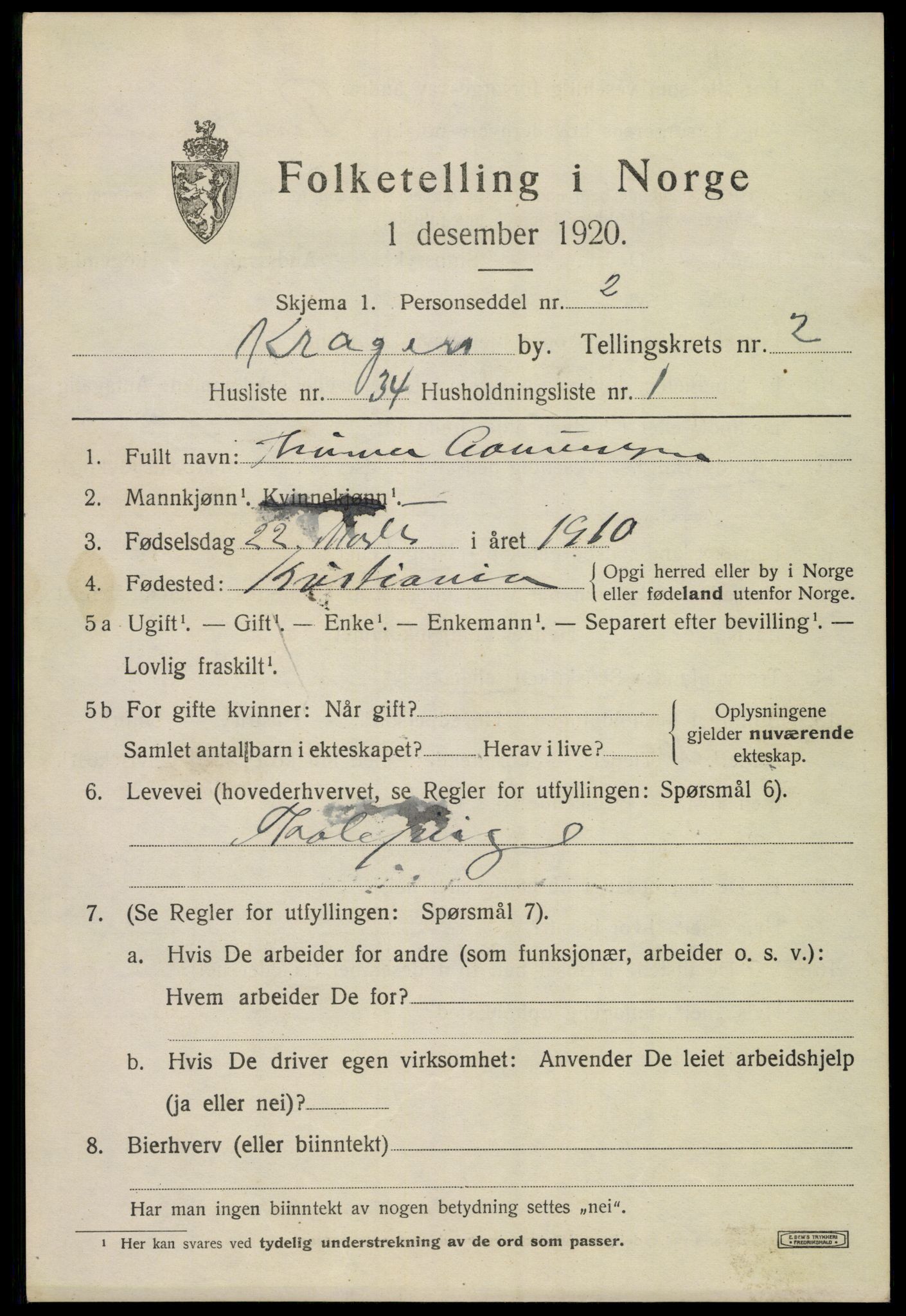 SAKO, 1920 census for Kragerø, 1920, p. 5757