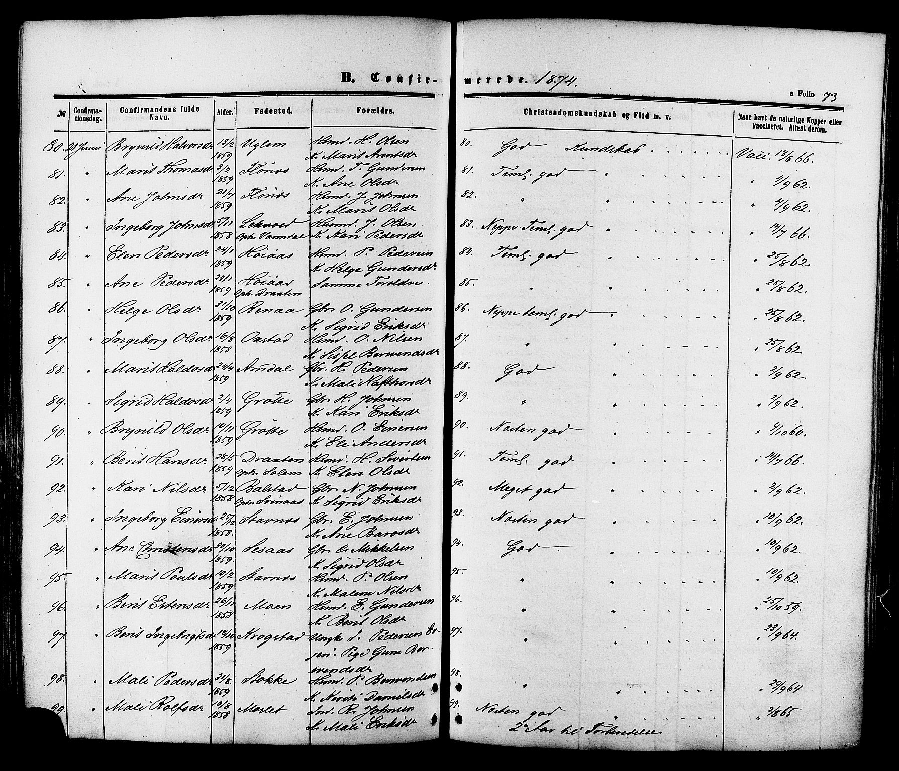 Ministerialprotokoller, klokkerbøker og fødselsregistre - Sør-Trøndelag, SAT/A-1456/695/L1147: Parish register (official) no. 695A07, 1860-1877, p. 73