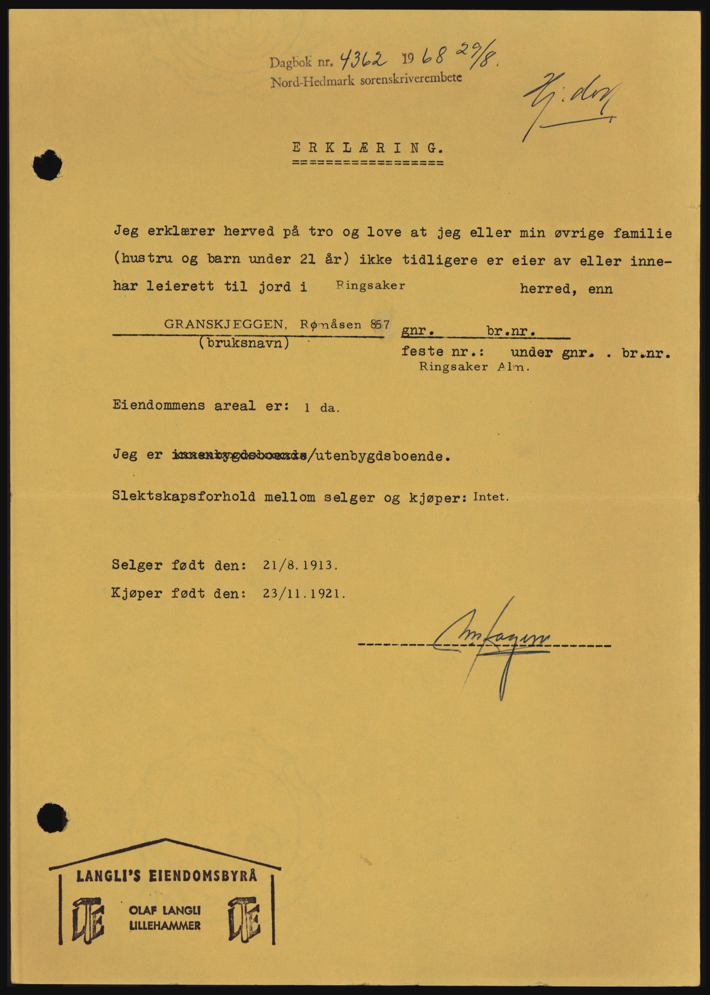 Nord-Hedmark sorenskriveri, SAH/TING-012/H/Hc/L0028: Mortgage book no. 28, 1968-1968, Diary no: : 4362/1968