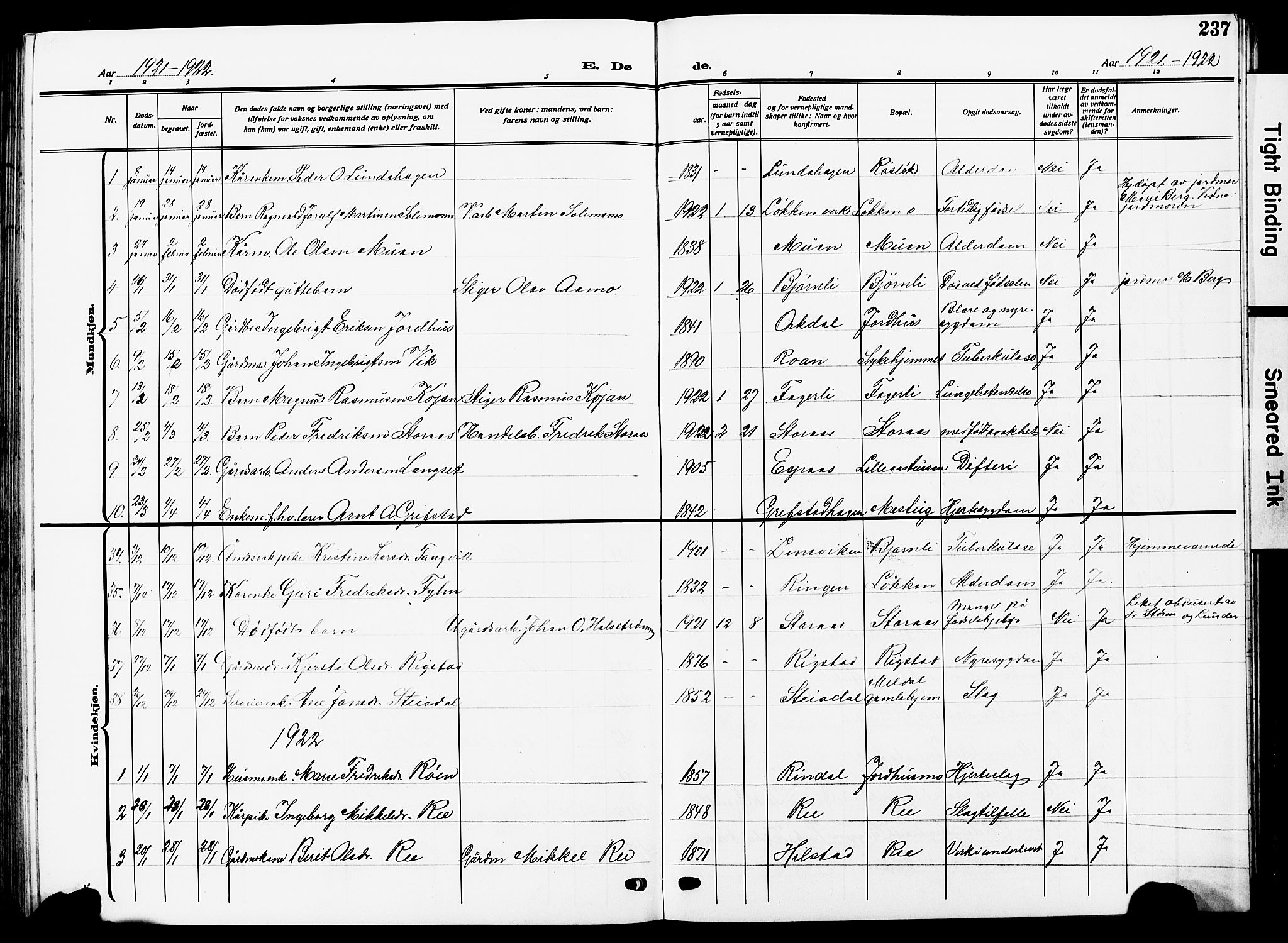 Ministerialprotokoller, klokkerbøker og fødselsregistre - Sør-Trøndelag, SAT/A-1456/672/L0865: Parish register (copy) no. 672C04, 1914-1928, p. 237