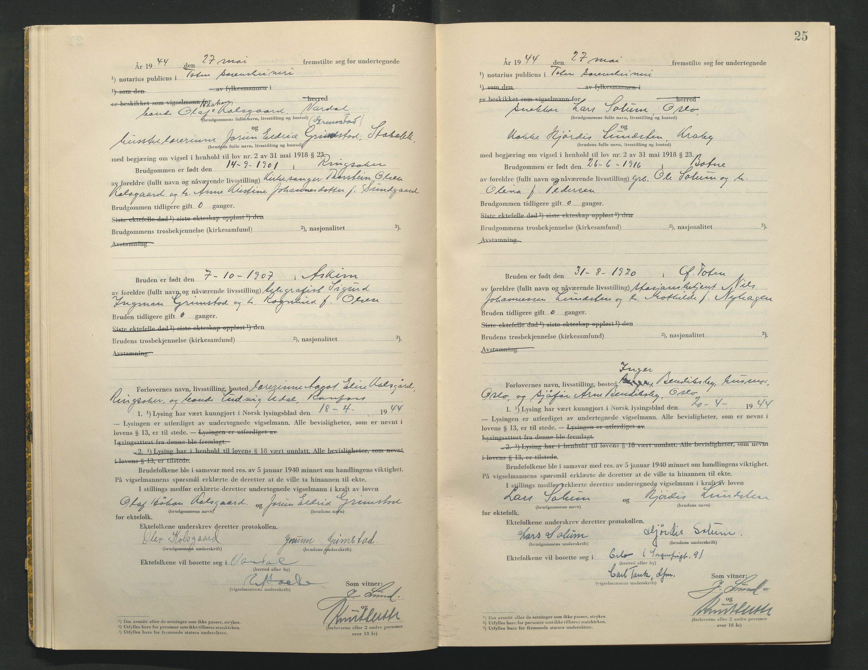 Toten tingrett, AV/SAH-TING-006/L/Lc/L0004: Vigselbok, 1944, p. 25
