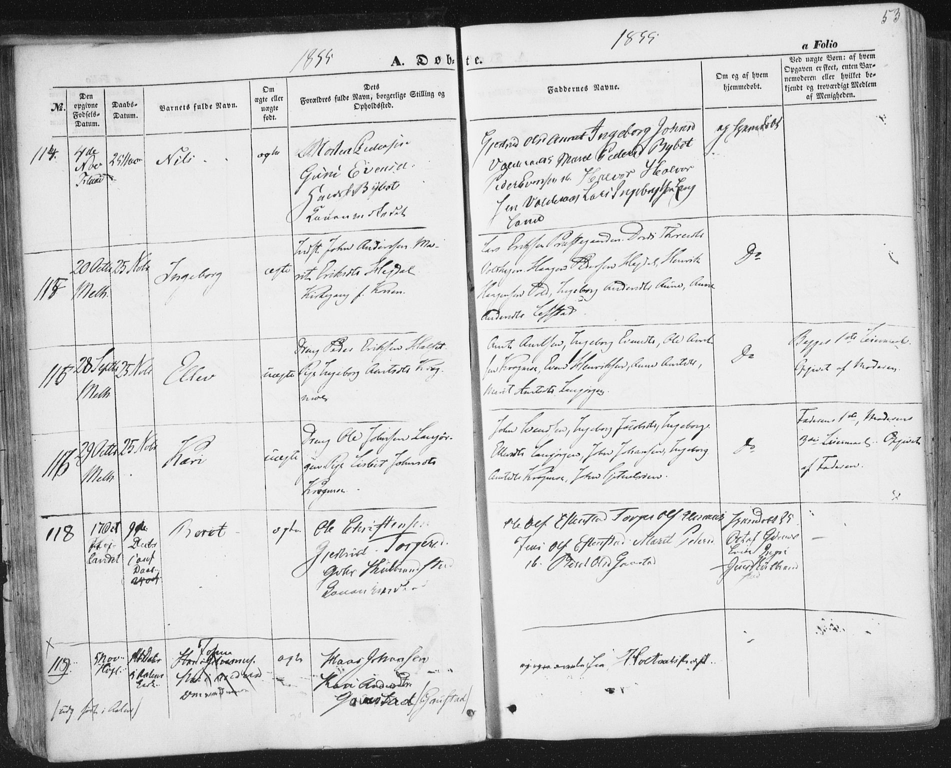 Ministerialprotokoller, klokkerbøker og fødselsregistre - Sør-Trøndelag, AV/SAT-A-1456/691/L1076: Parish register (official) no. 691A08, 1852-1861, p. 53