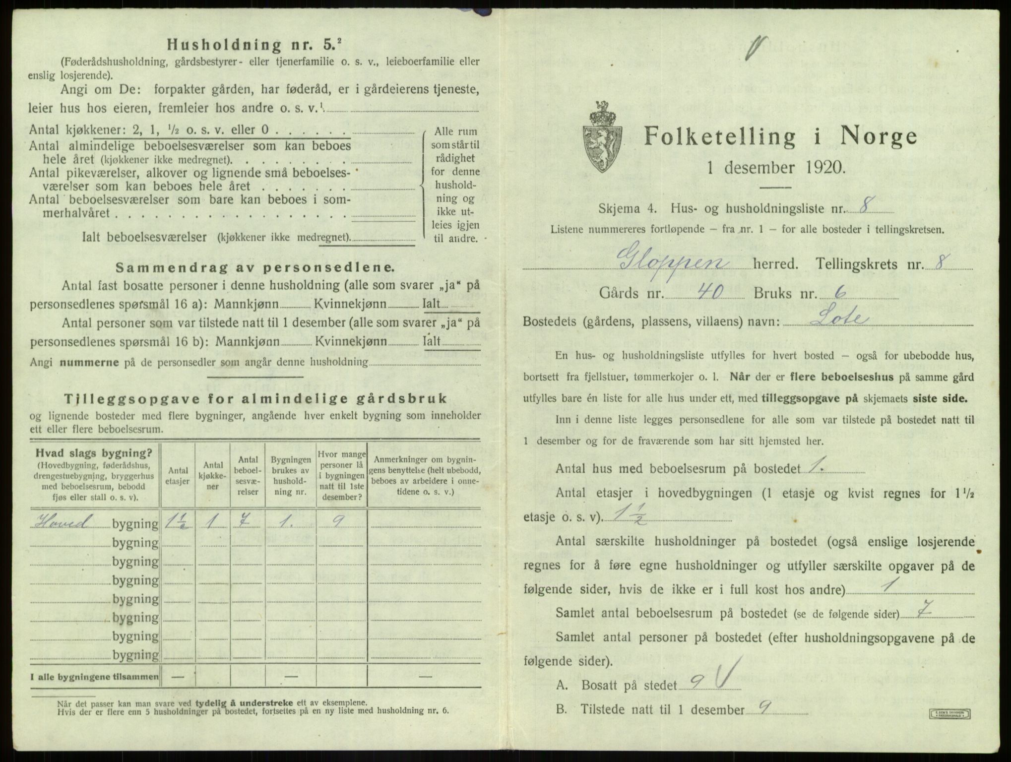 SAB, 1920 census for Gloppen, 1920, p. 584