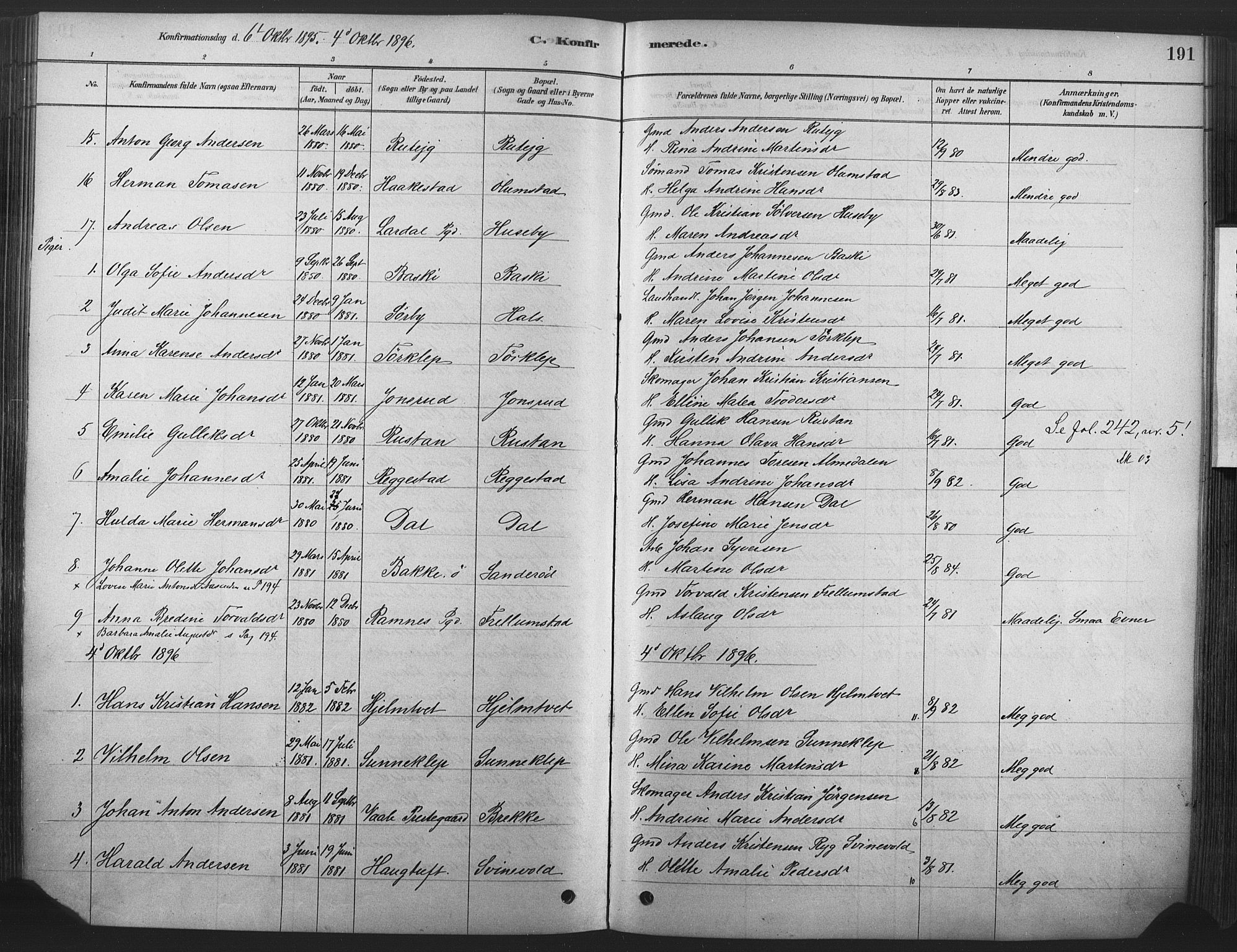 Våle kirkebøker, SAKO/A-334/F/Fa/L0011: Parish register (official) no. I 11, 1878-1906, p. 191