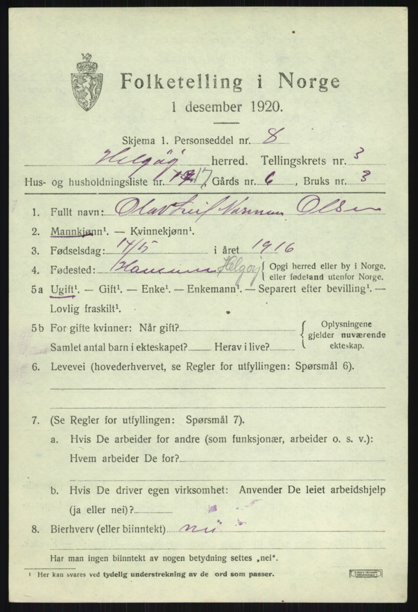 SATØ, 1920 census for Helgøy, 1920, p. 1613