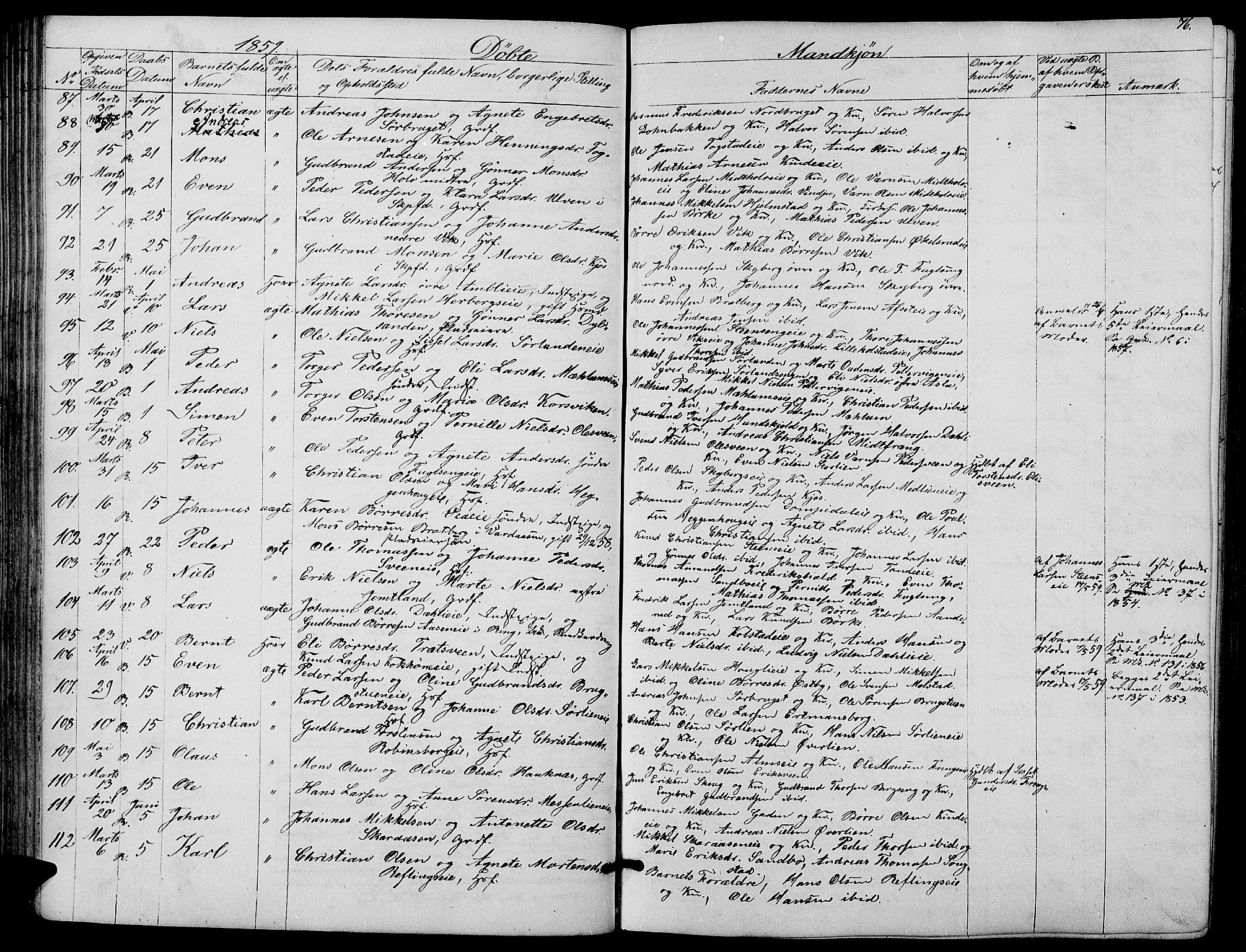 Ringsaker prestekontor, SAH/PREST-014/L/La/L0006: Parish register (copy) no. 6, 1851-1860, p. 76