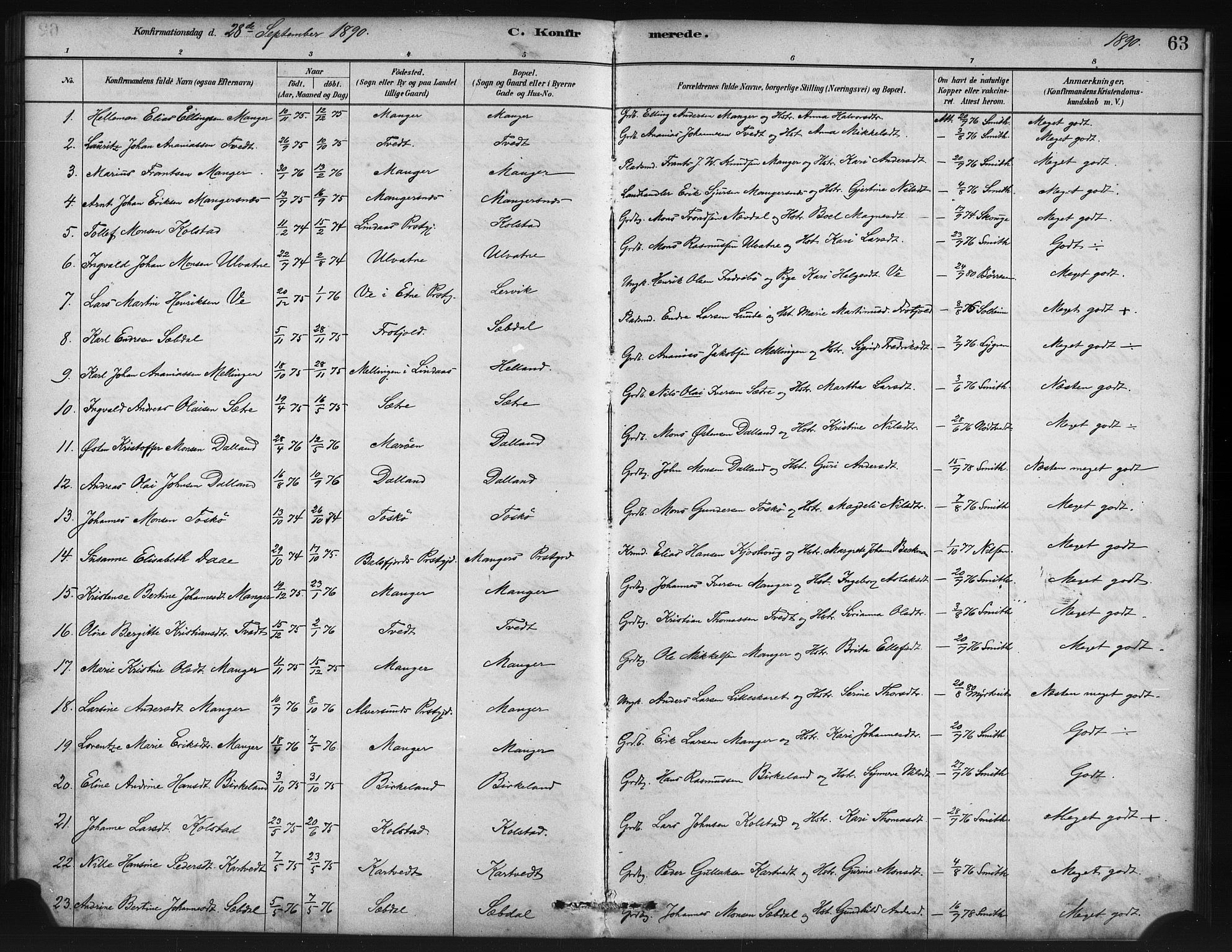 Manger sokneprestembete, SAB/A-76801/H/Haa: Parish register (official) no. B 1, 1881-1892, p. 63