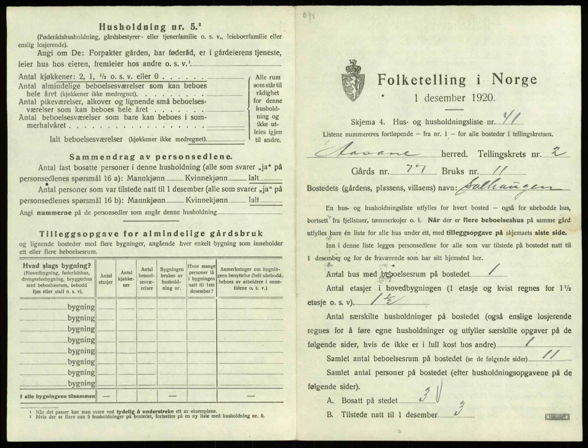 SAB, 1920 census for Åsane, 1920, p. 180