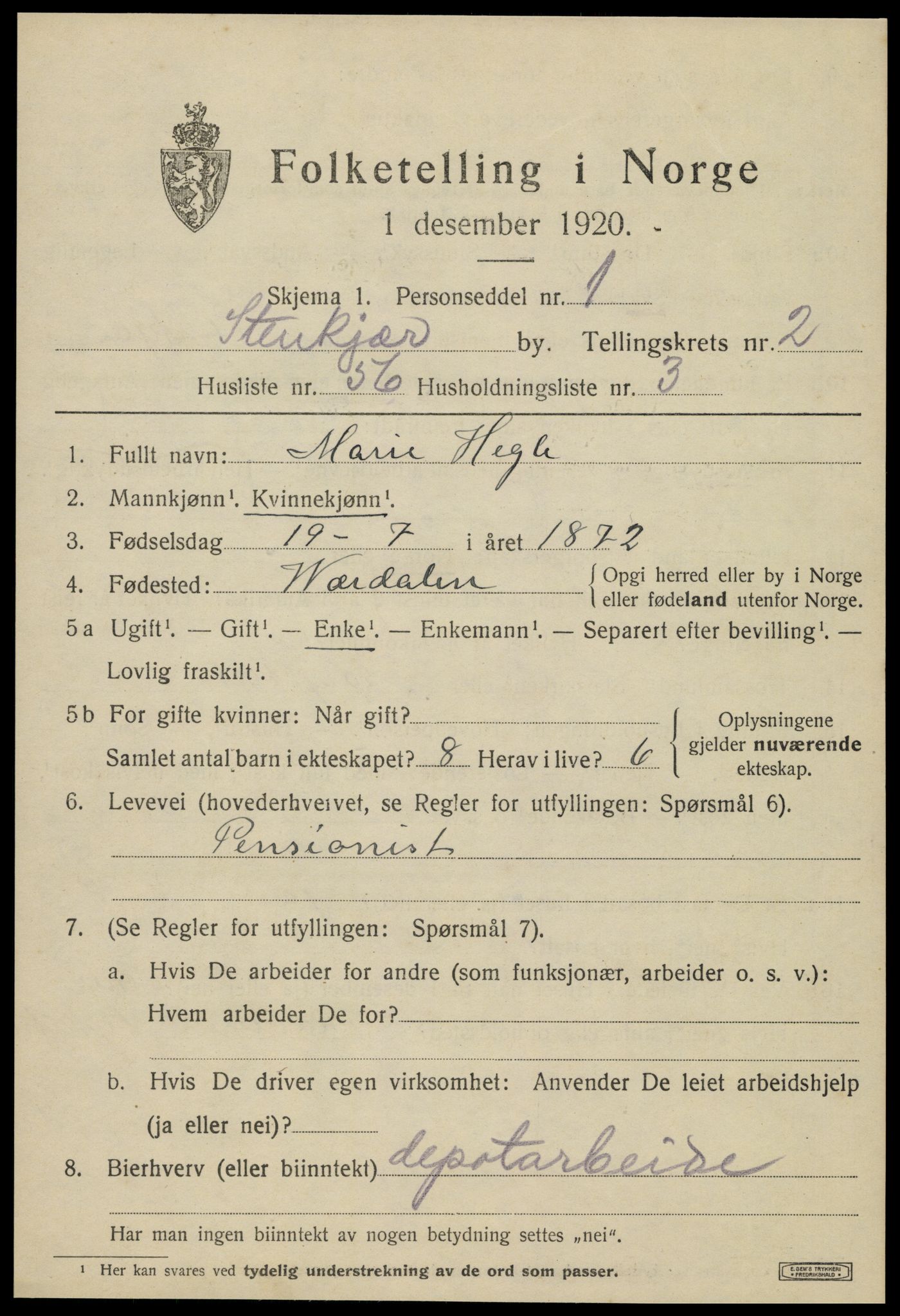 SAT, 1920 census for Steinkjer, 1920, p. 5322