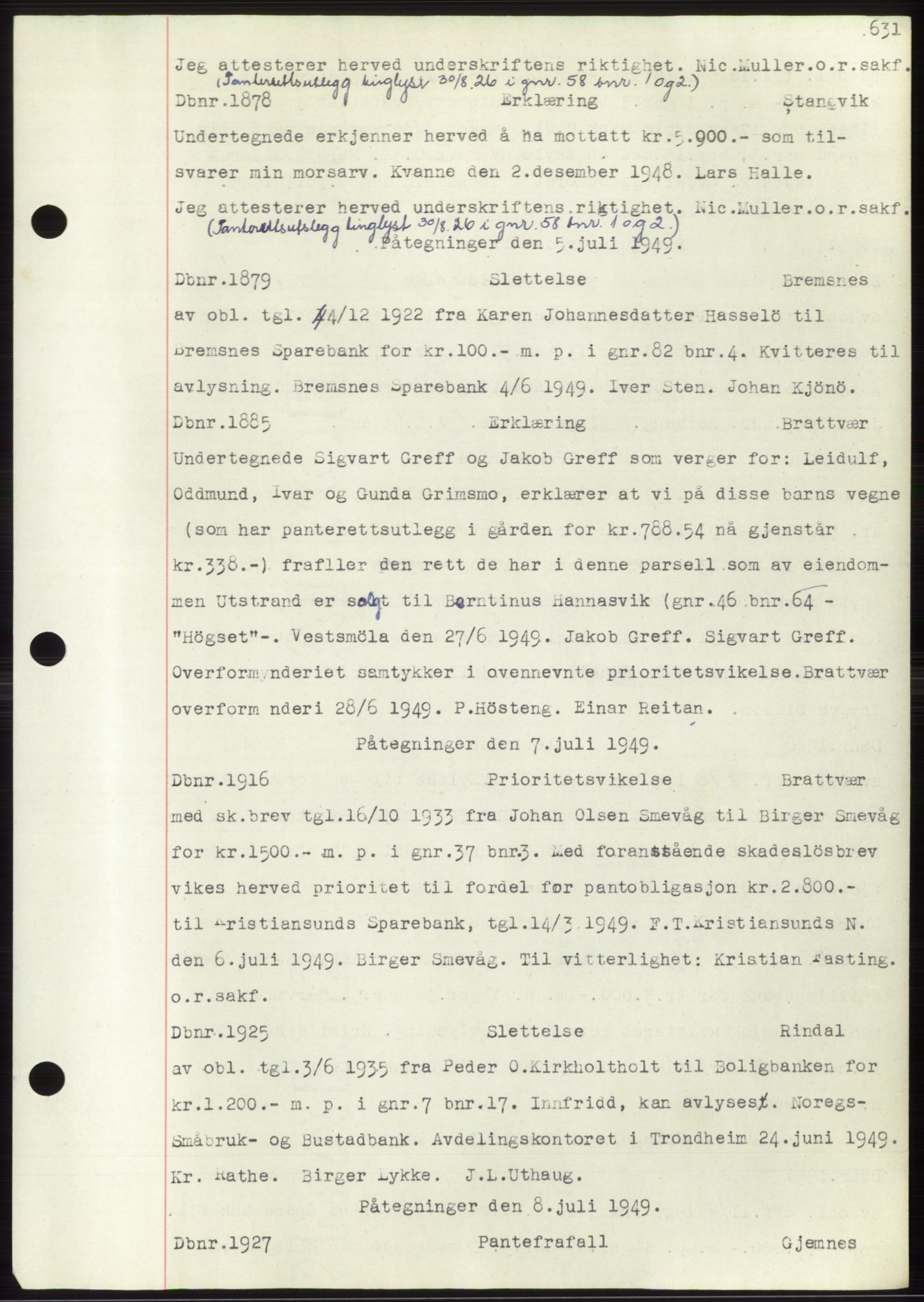 Nordmøre sorenskriveri, SAT/A-4132/1/2/2Ca: Mortgage book no. C82b, 1946-1951, Diary no: : 1879/1949