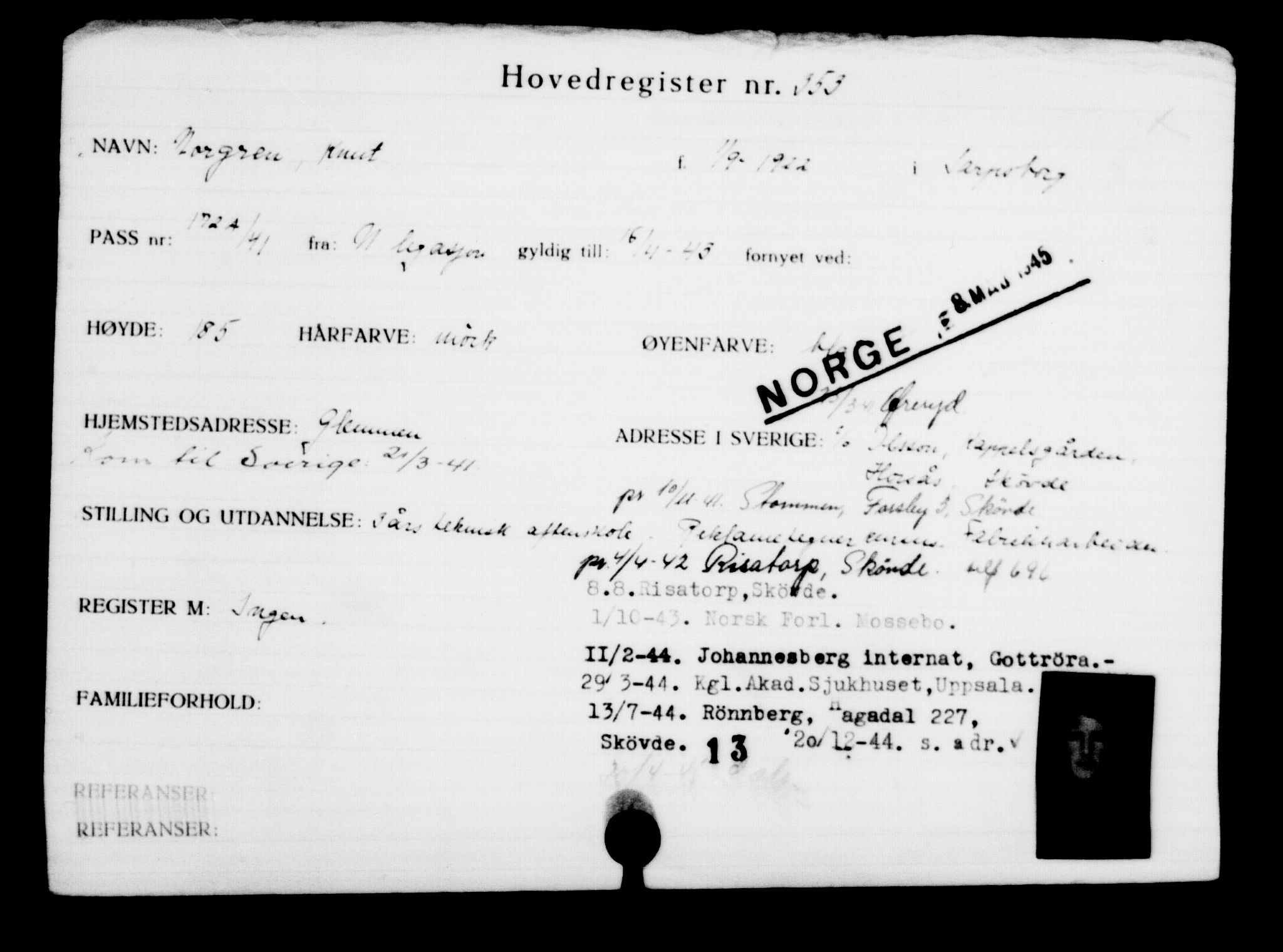 Utenriksstasjonene, Legasjonen i Stockholm, Flyktningkontoret, AV/RA-S-6753/V/Va/L0001: Kjesäterkartoteket, flyktninger med registreringsnr. 1-1000, 1940-1945, p. 557