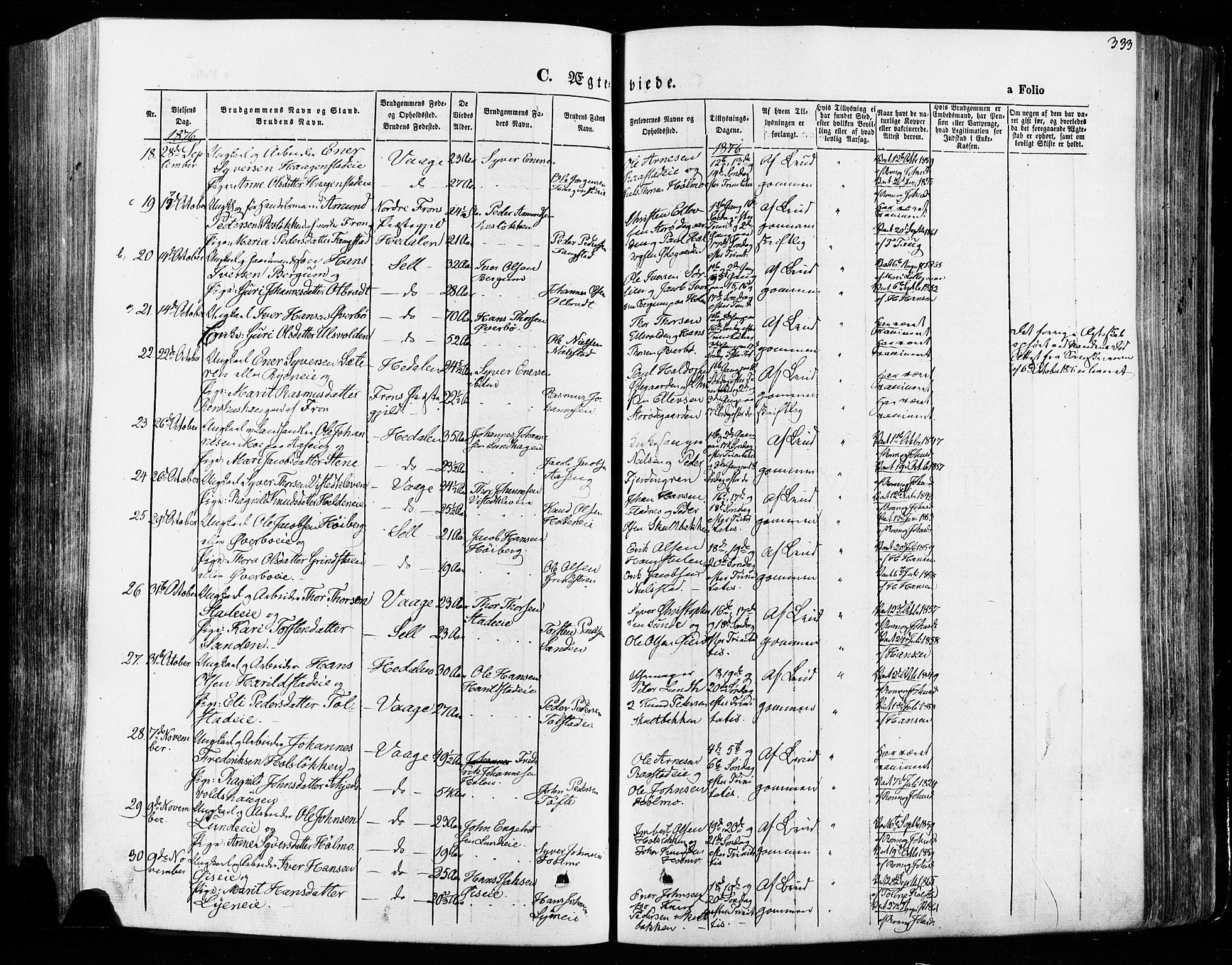 Vågå prestekontor, SAH/PREST-076/H/Ha/Haa/L0007: Parish register (official) no. 7 /1, 1872-1886, p. 333
