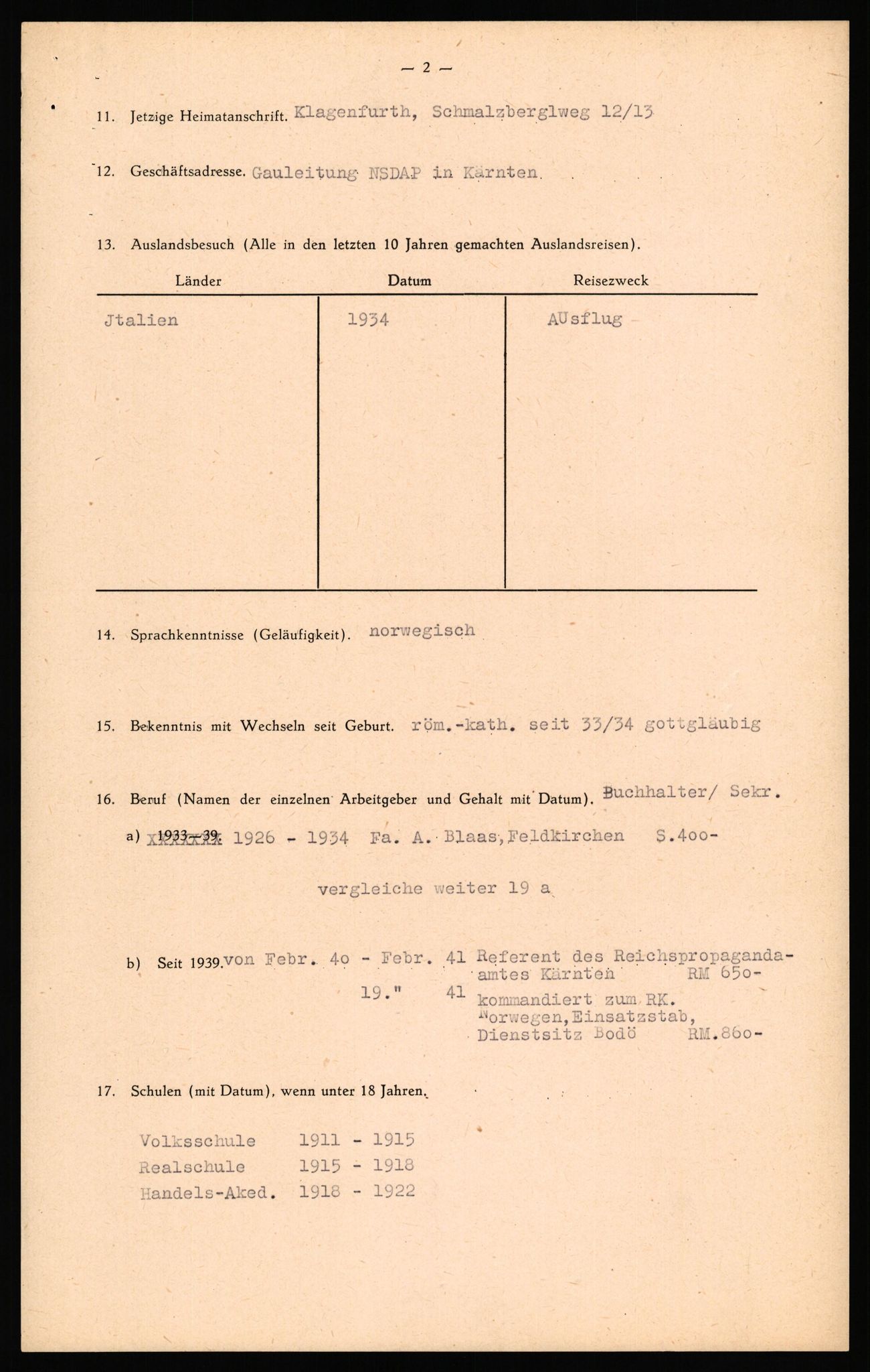 Forsvaret, Forsvarets overkommando II, AV/RA-RAFA-3915/D/Db/L0039: CI Questionaires. Tyske okkupasjonsstyrker i Norge. Østerrikere., 1945-1946, p. 185