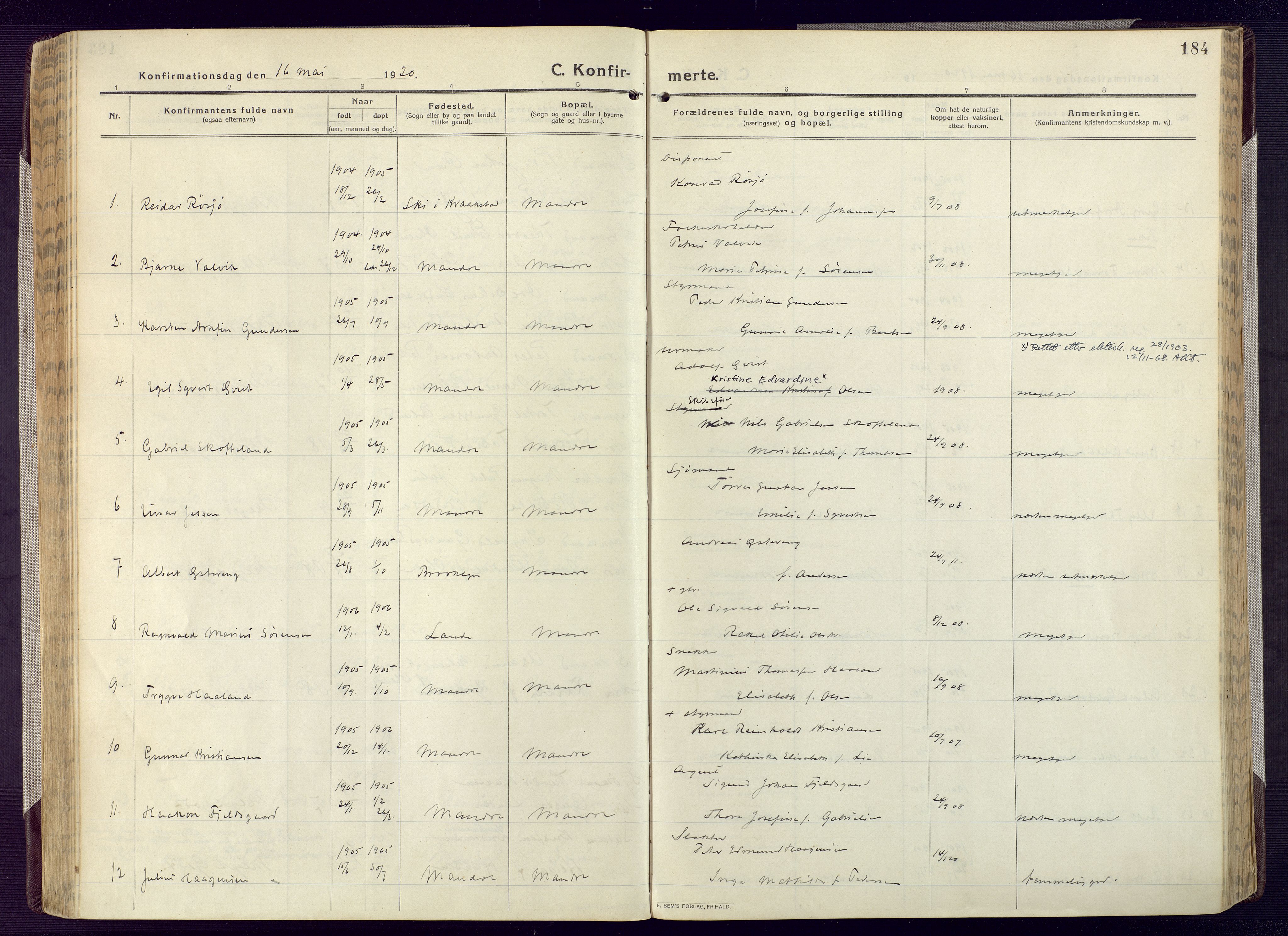 Mandal sokneprestkontor, AV/SAK-1111-0030/F/Fa/Fac/L0001: Parish register (official) no. A 1, 1913-1925, p. 184