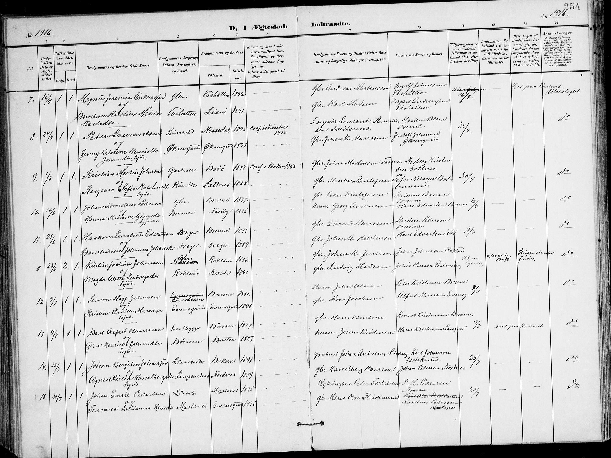 Ministerialprotokoller, klokkerbøker og fødselsregistre - Nordland, AV/SAT-A-1459/847/L0672: Parish register (official) no. 847A12, 1902-1919, p. 254