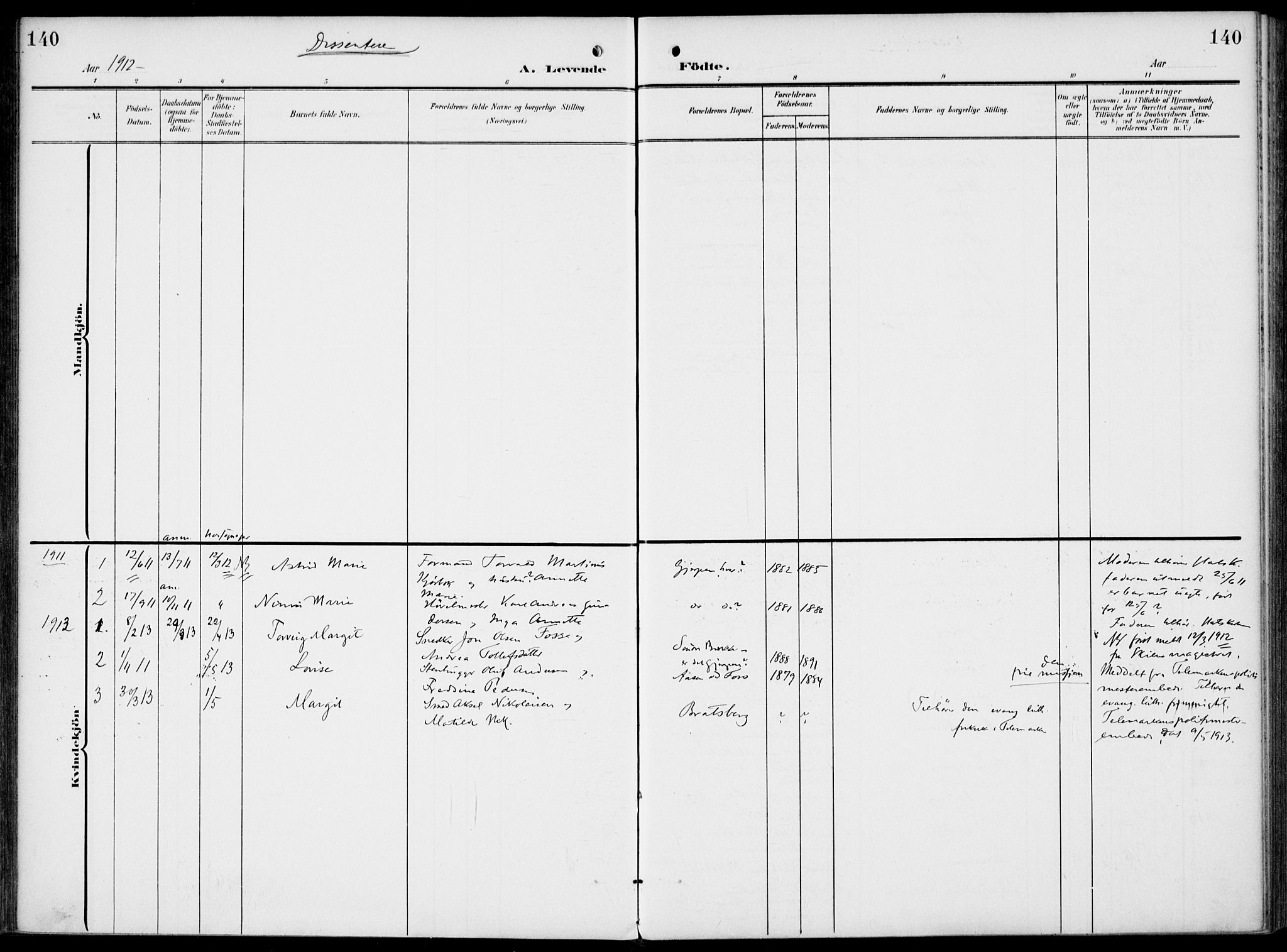 Gjerpen kirkebøker, SAKO/A-265/F/Fa/L0012: Parish register (official) no. I 12, 1905-1913, p. 140