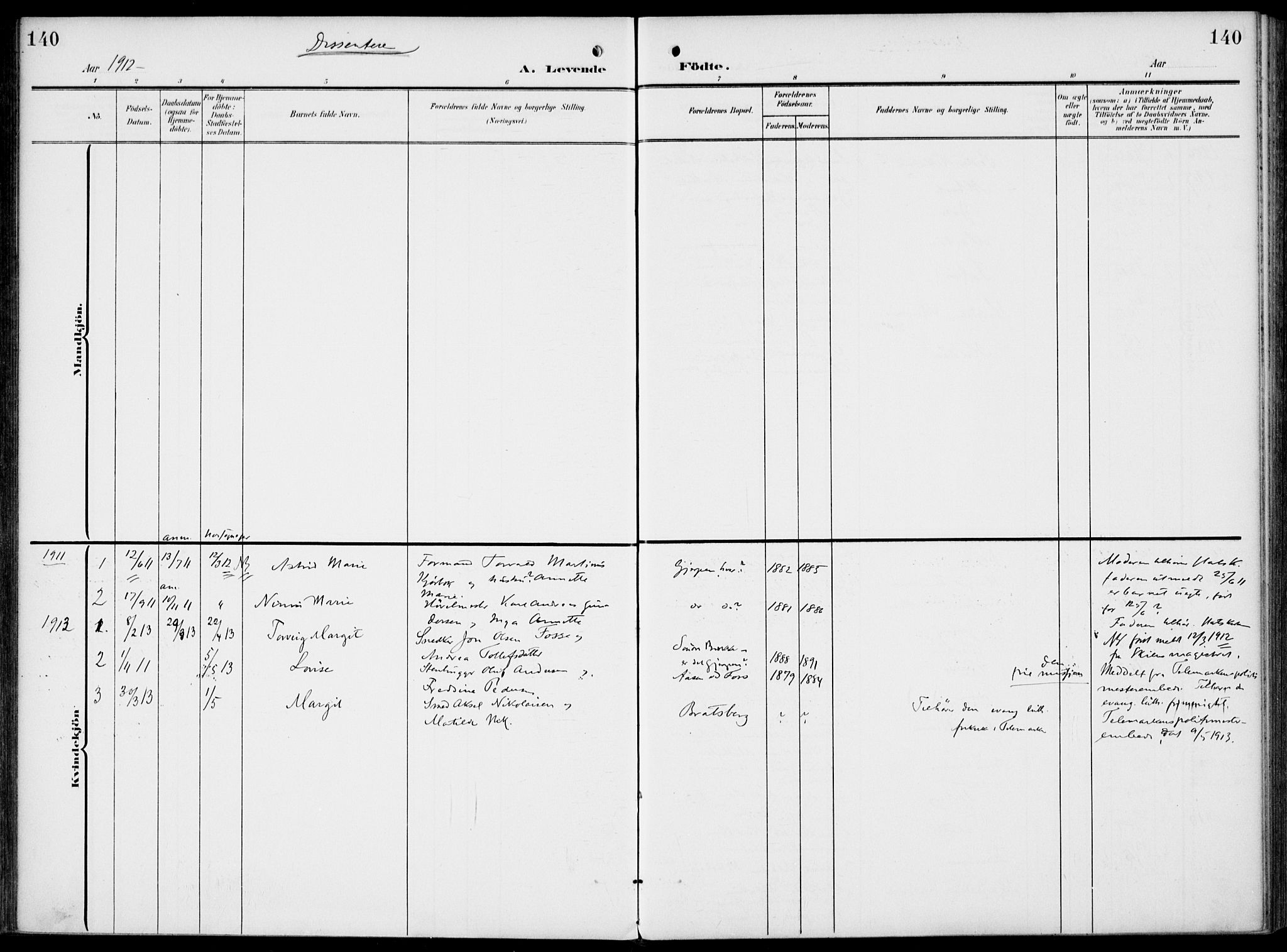 Gjerpen kirkebøker, AV/SAKO-A-265/F/Fa/L0012: Parish register (official) no. I 12, 1905-1913, p. 140