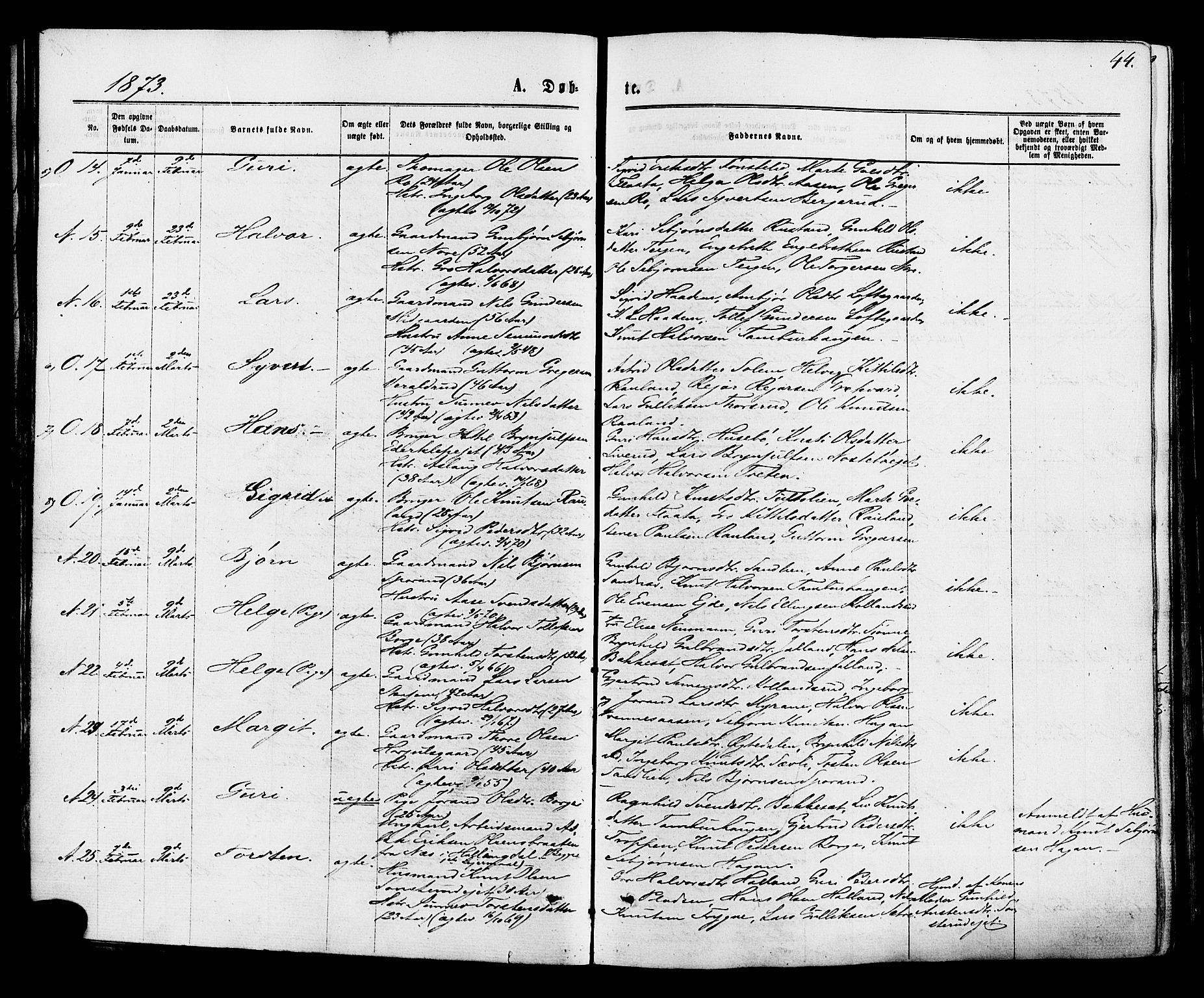 Nore kirkebøker, SAKO/A-238/F/Fa/L0004: Parish register (official) no. I 4, 1867-1877, p. 44