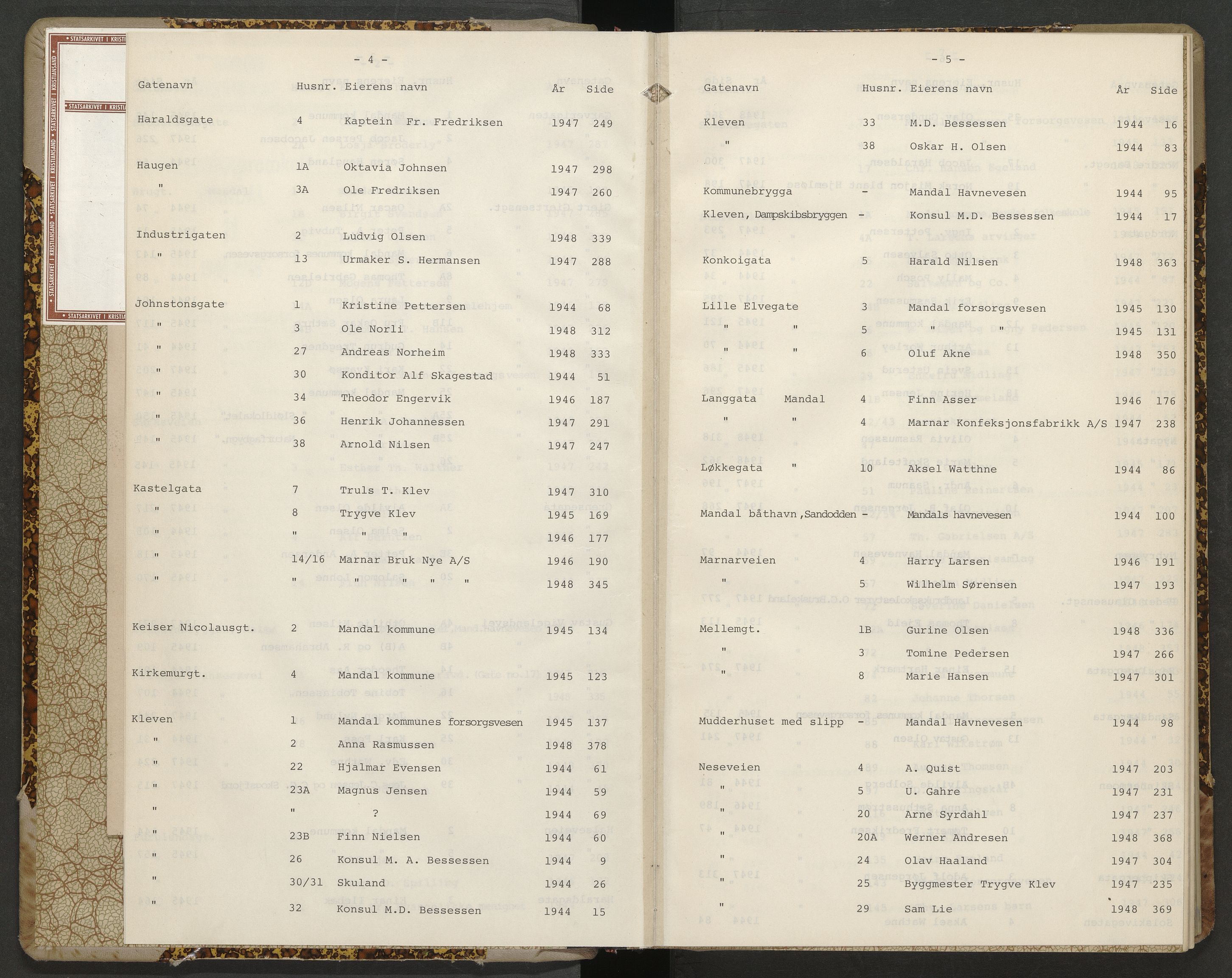 Norges Brannkasse Mandal, AV/SAK-2241-0037/F/Fa/L0011: Branntakstprotokoll nr. 11 med gatenavnsregister, 1944-1948