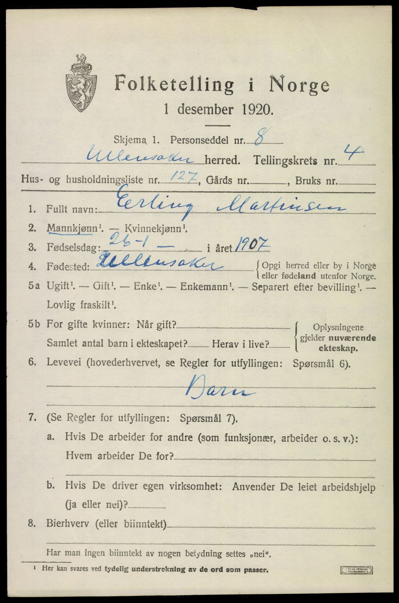 SAO, 1920 census for Ullensaker, 1920, p. 8821