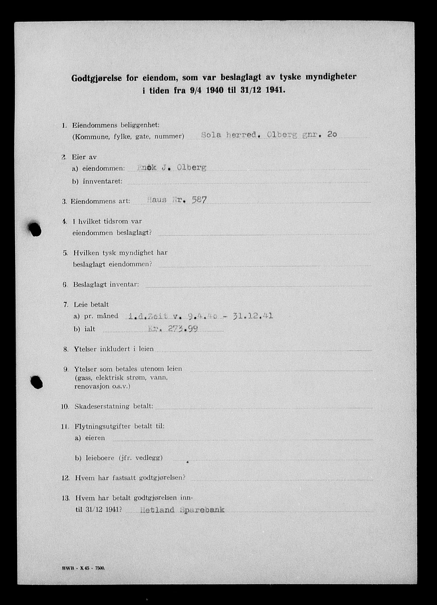 Justisdepartementet, Tilbakeføringskontoret for inndratte formuer, AV/RA-S-1564/I/L1015: Godtgjørelse for beslaglagt eiendom, 1940-1941, p. 20