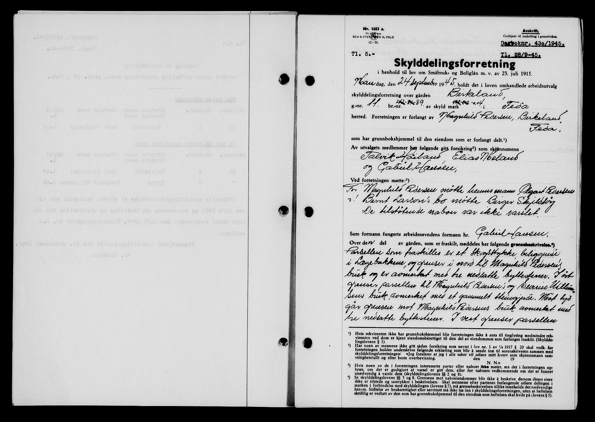 Flekkefjord sorenskriveri, SAK/1221-0001/G/Gb/Gba/L0060: Mortgage book no. A-8, 1945-1946, Diary no: : 430/1945