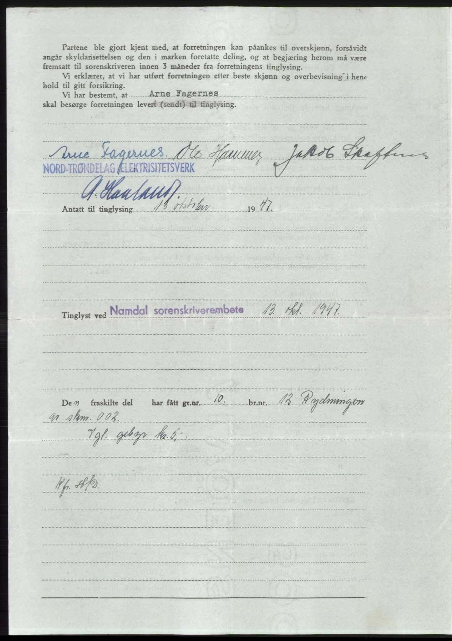 Namdal sorenskriveri, AV/SAT-A-4133/1/2/2C: Mortgage book no. -, 1947-1947, Diary no: : 2292/1947