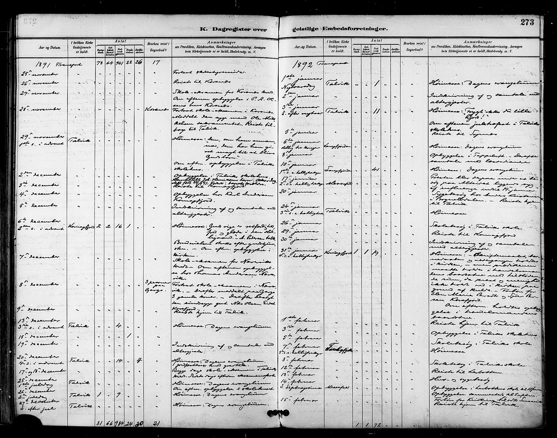 Talvik sokneprestkontor, AV/SATØ-S-1337/H/Ha/L0013kirke: Parish register (official) no. 13, 1886-1897, p. 273