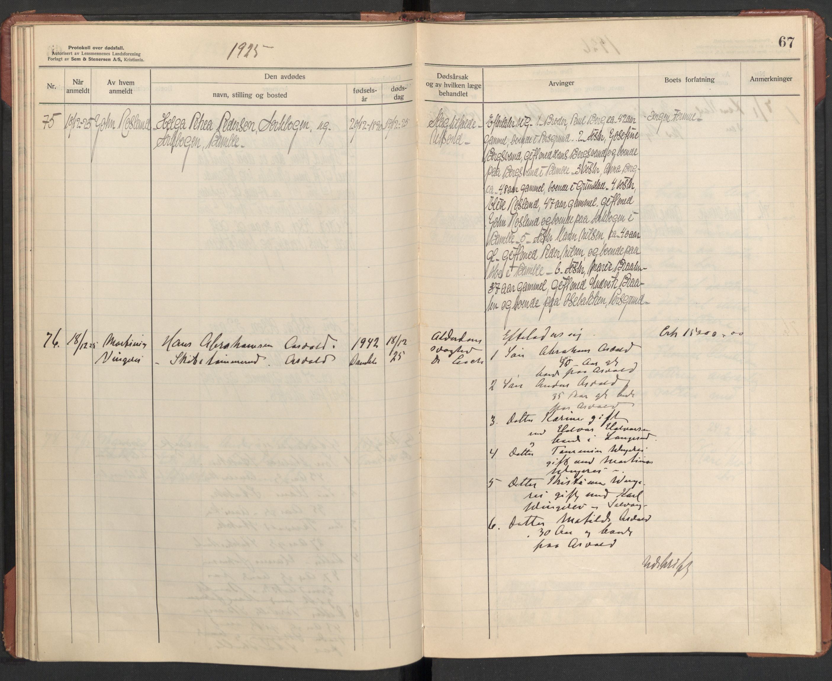 Bamble lensmannskontor, SAKO/A-552/H/Ha/Haa/L0004: Dødsfallsprotokoll, 1923-1926, p. 67