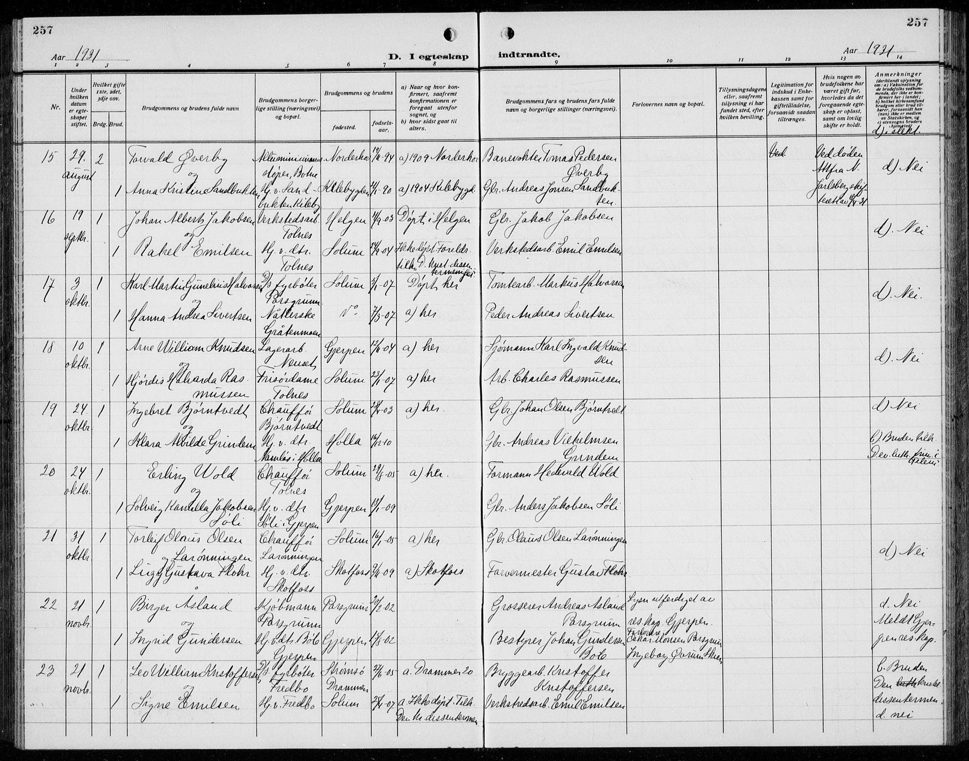 Solum kirkebøker, AV/SAKO-A-306/G/Ga/L0010: Parish register (copy) no. I 10, 1921-1937, p. 257