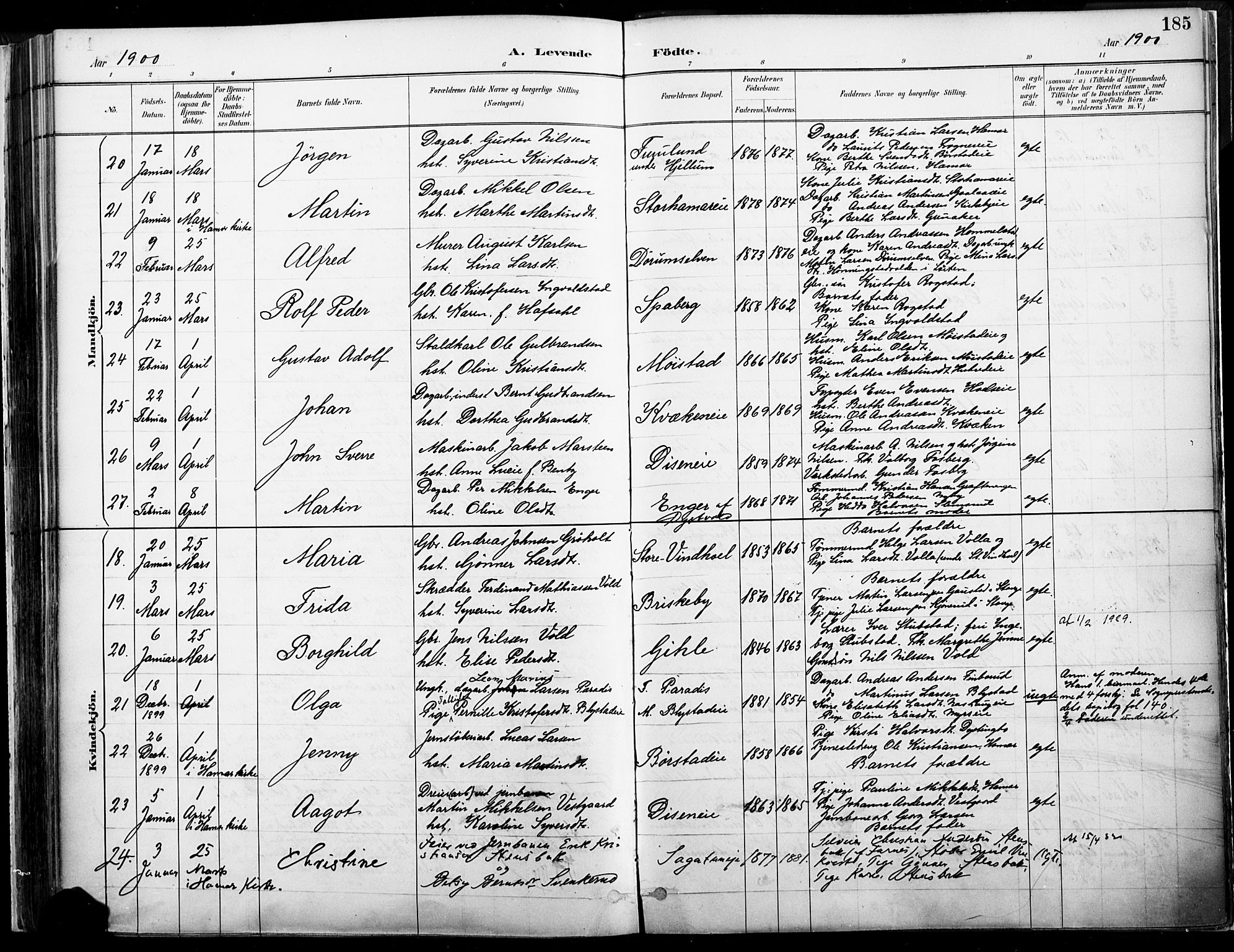 Vang prestekontor, Hedmark, SAH/PREST-008/H/Ha/Haa/L0019A: Parish register (official) no. 19, 1886-1900, p. 185