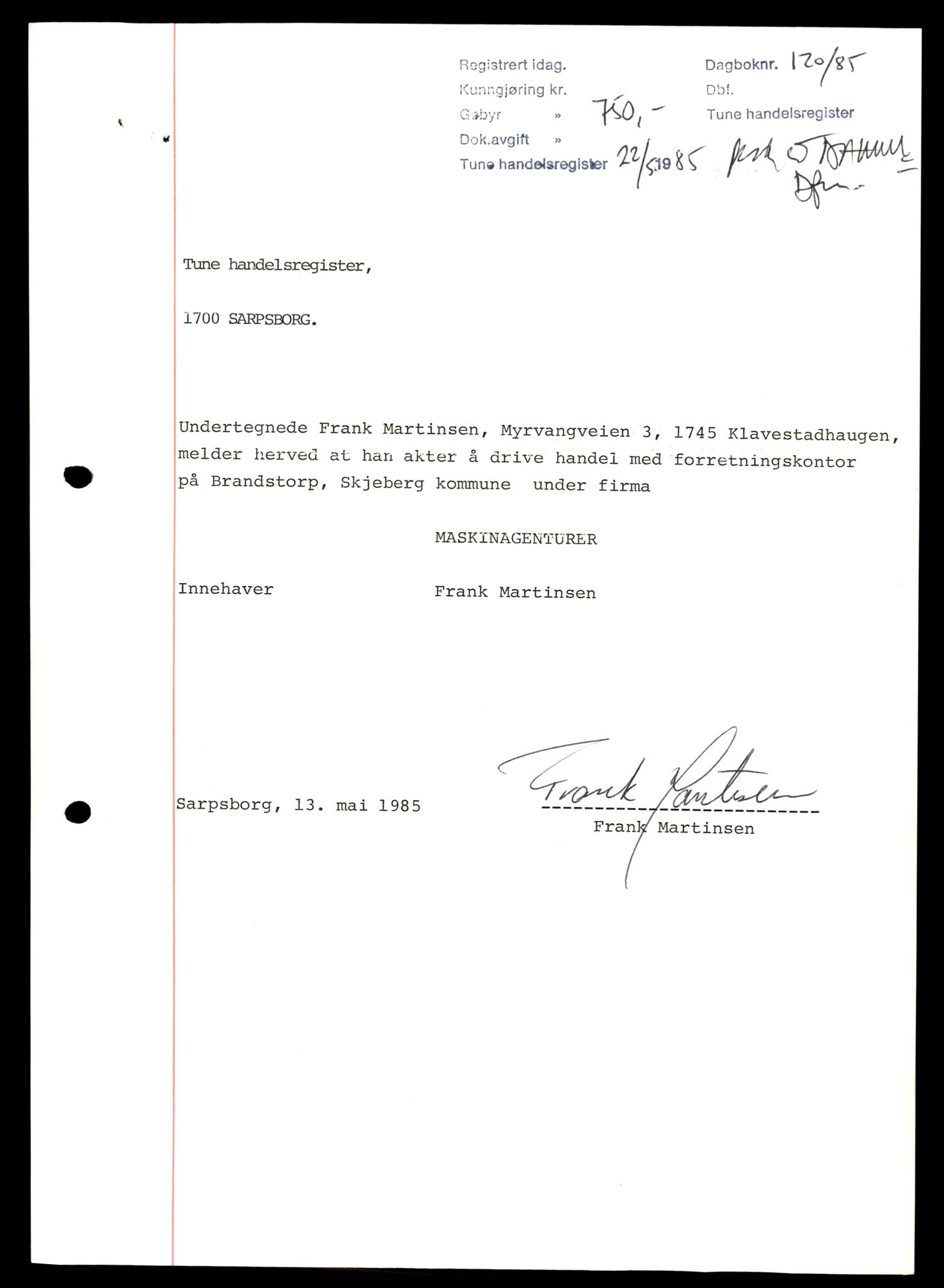 Tune sorenskriveri, SAT/A-10470/K/Ke/Kea/L0029: Enkeltmannsforetak, aksjeselskap og andelslag, M - Se, 1944-1990, p. 1