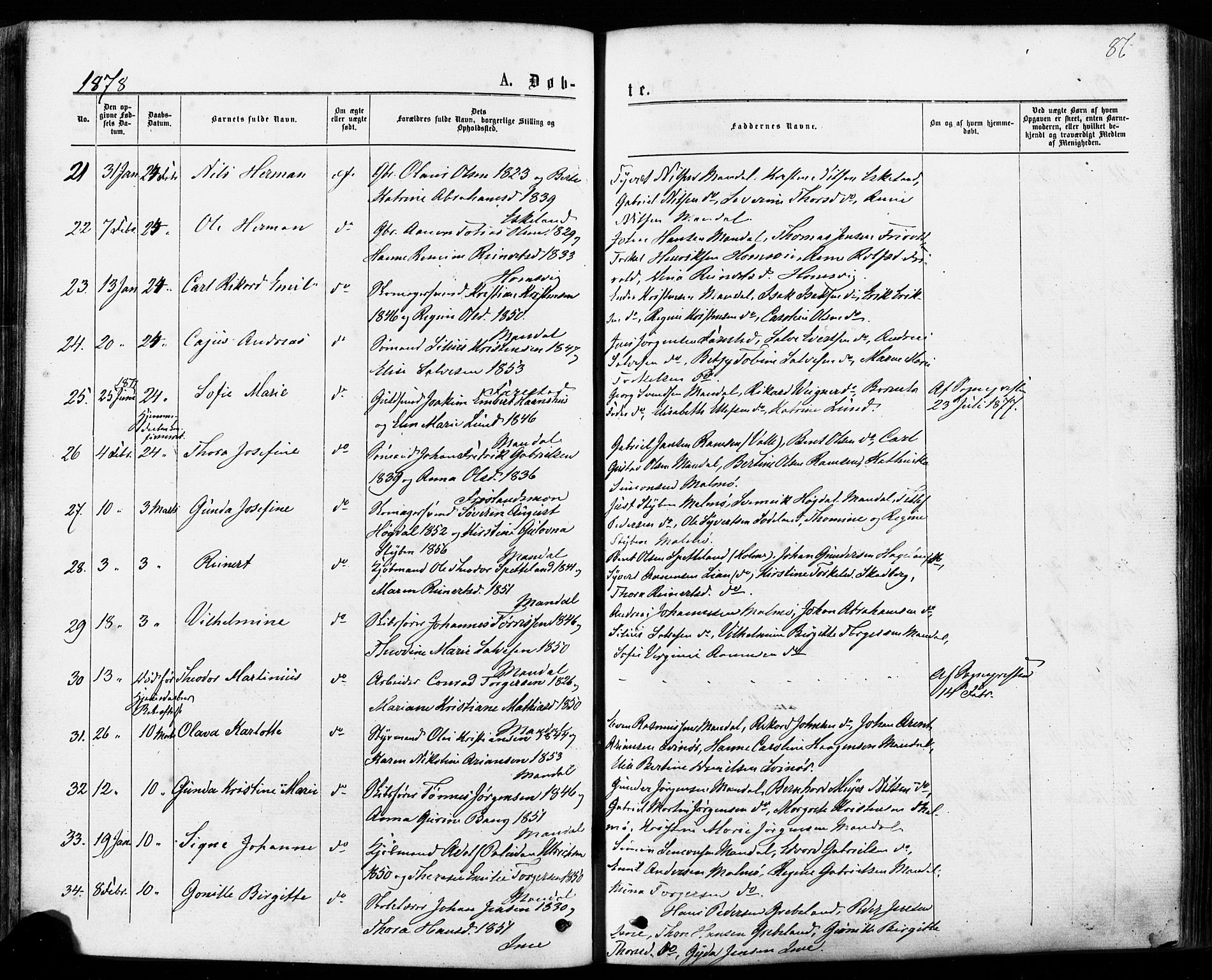 Mandal sokneprestkontor, AV/SAK-1111-0030/F/Fa/Faa/L0015: Parish register (official) no. A 15, 1873-1879, p. 86