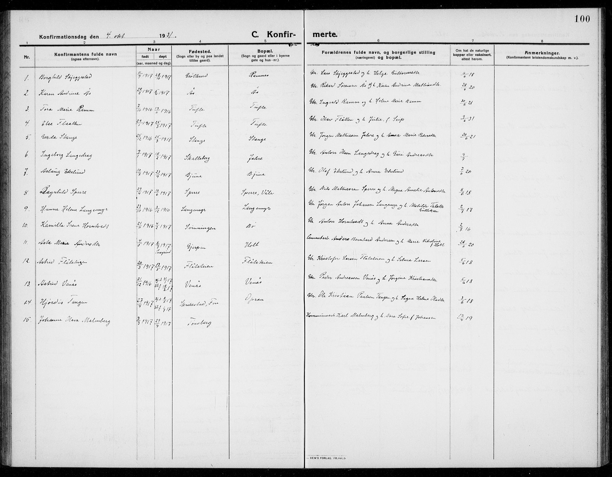 Ramnes kirkebøker, AV/SAKO-A-314/G/Ga/L0005: Parish register (copy) no. I 5, 1912-1936, p. 100