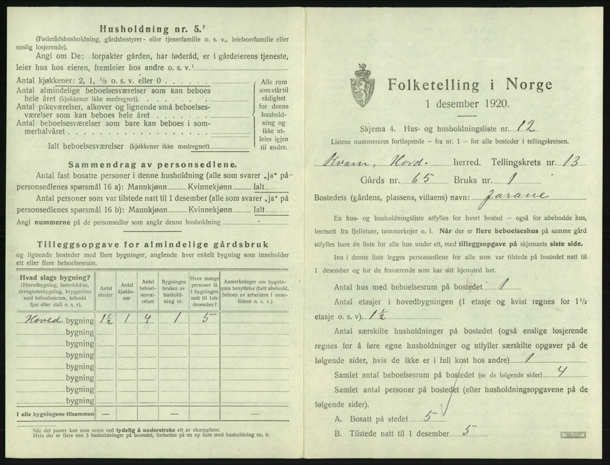 SAB, 1920 census for Kvam, 1920, p. 1142