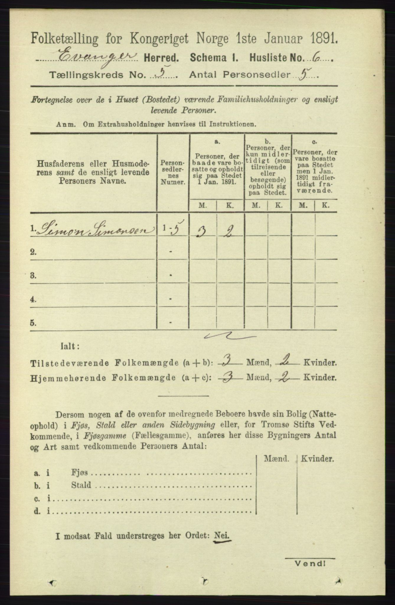 RA, 1891 census for 1237 Evanger, 1891, p. 1364