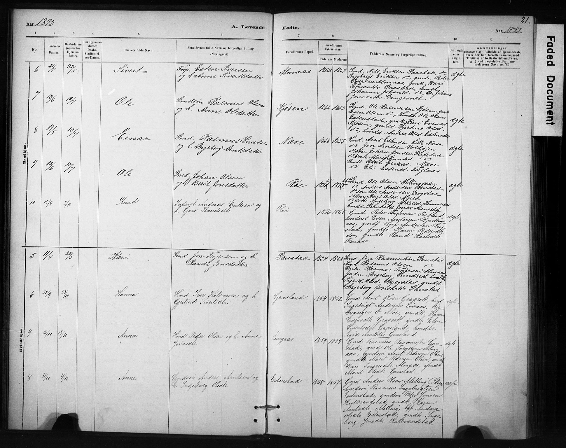 Ministerialprotokoller, klokkerbøker og fødselsregistre - Sør-Trøndelag, SAT/A-1456/694/L1127: Parish register (official) no. 694A01, 1887-1905, p. 21