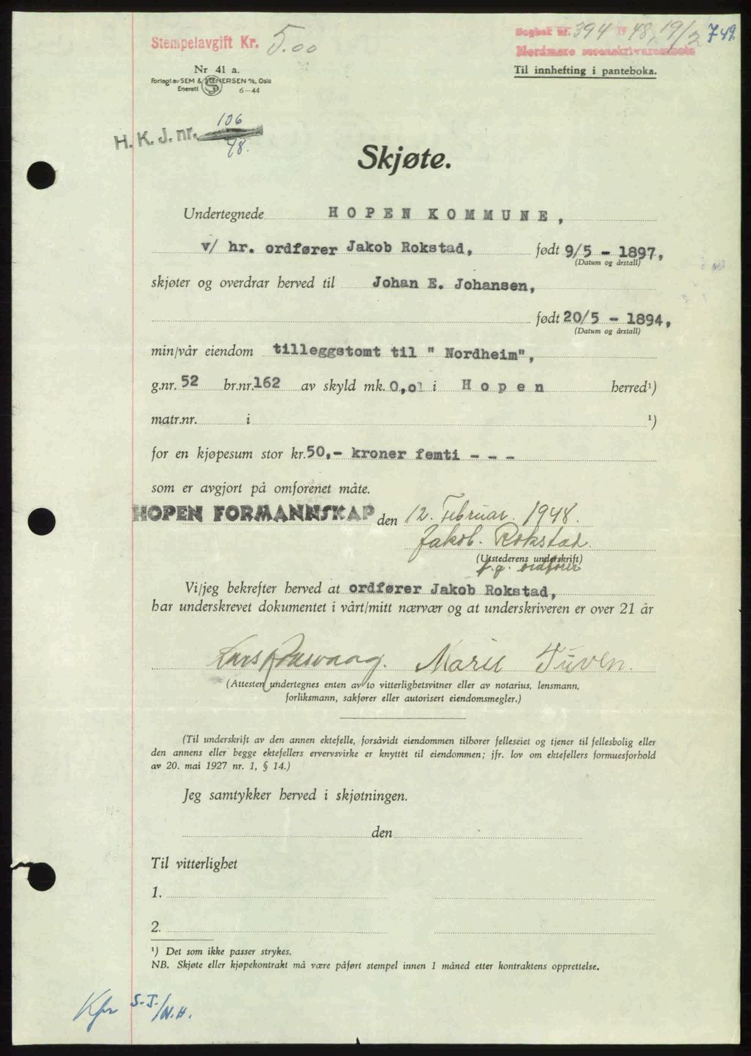 Nordmøre sorenskriveri, AV/SAT-A-4132/1/2/2Ca: Mortgage book no. A107, 1947-1948, Diary no: : 394/1948