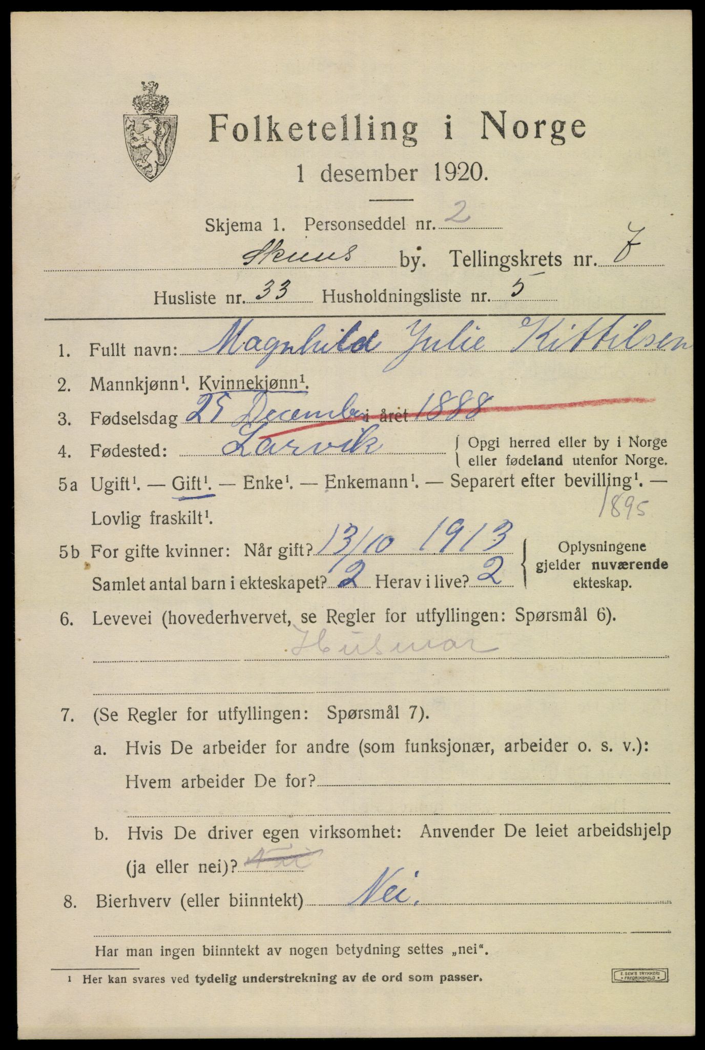 SAKO, 1920 census for Skien, 1920, p. 25318