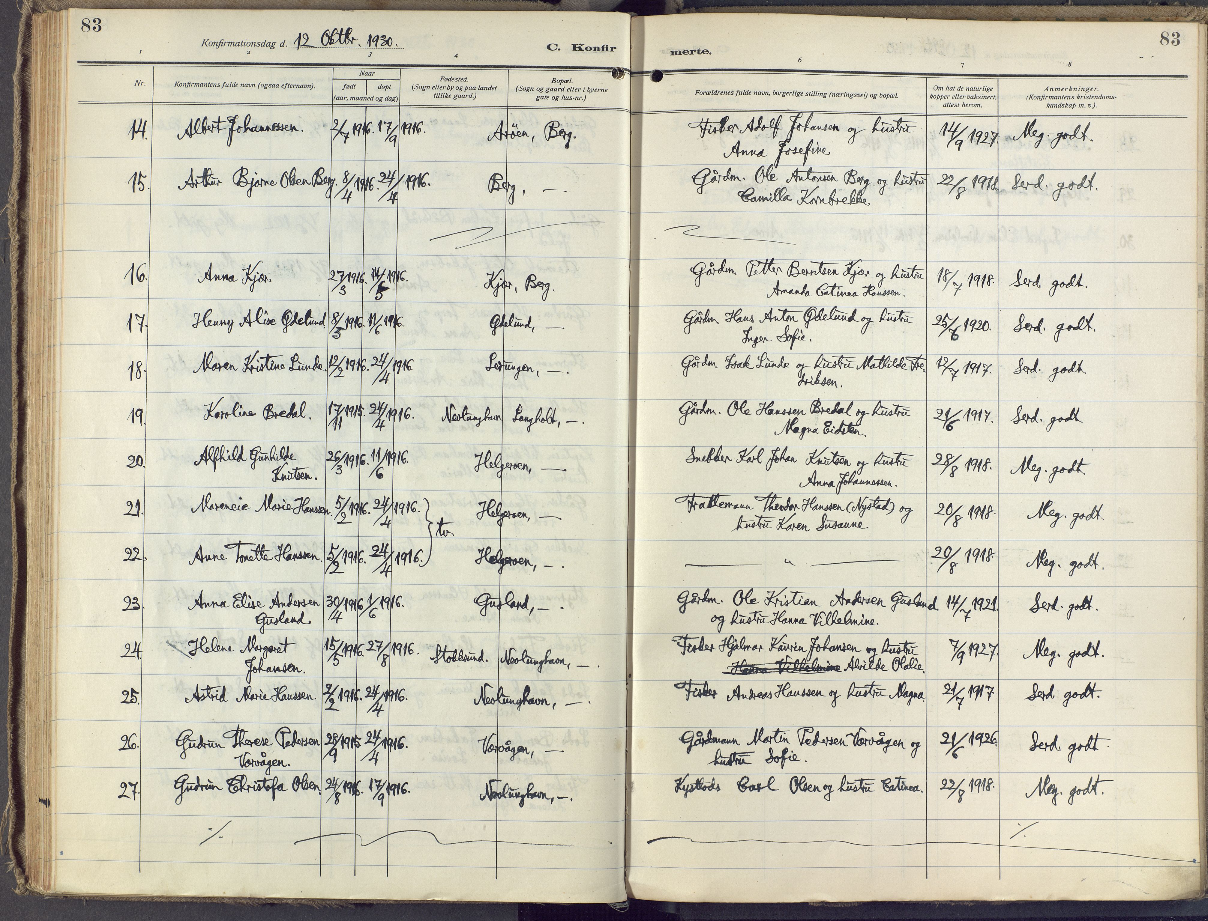 Brunlanes kirkebøker, AV/SAKO-A-342/F/Fb/L0004: Parish register (official) no. II 4, 1923-1940, p. 83