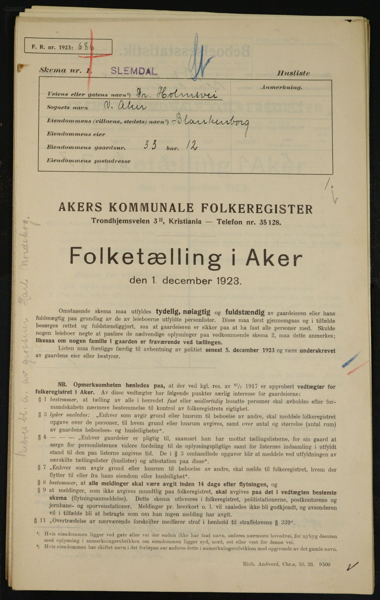 , Municipal Census 1923 for Aker, 1923, p. 11631