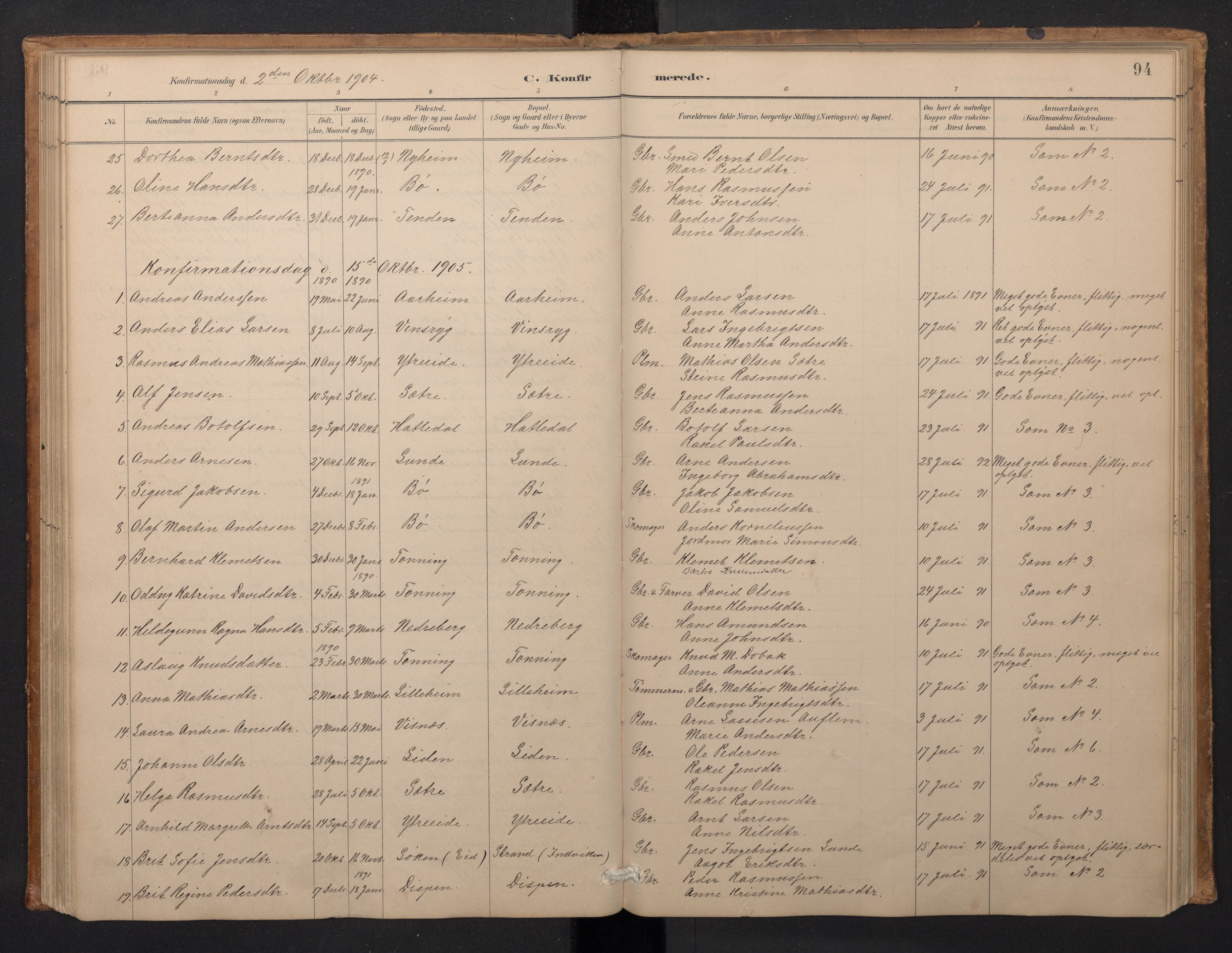 Stryn Sokneprestembete, SAB/A-82501: Parish register (copy) no. A 2, 1883-1905, p. 93b-94a