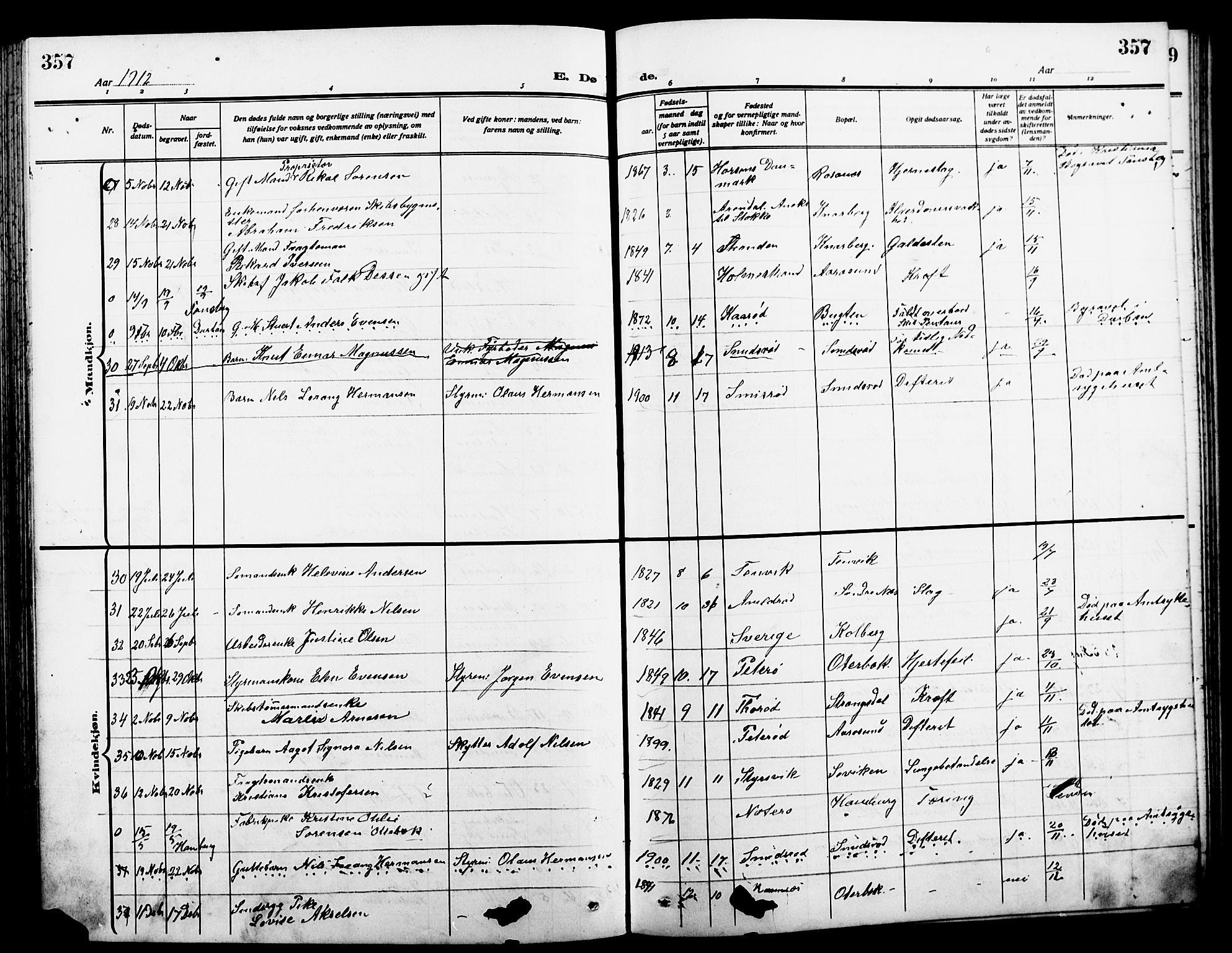 Nøtterøy kirkebøker, AV/SAKO-A-354/G/Ga/L0005: Parish register (copy) no. I 5, 1910-1924, p. 357