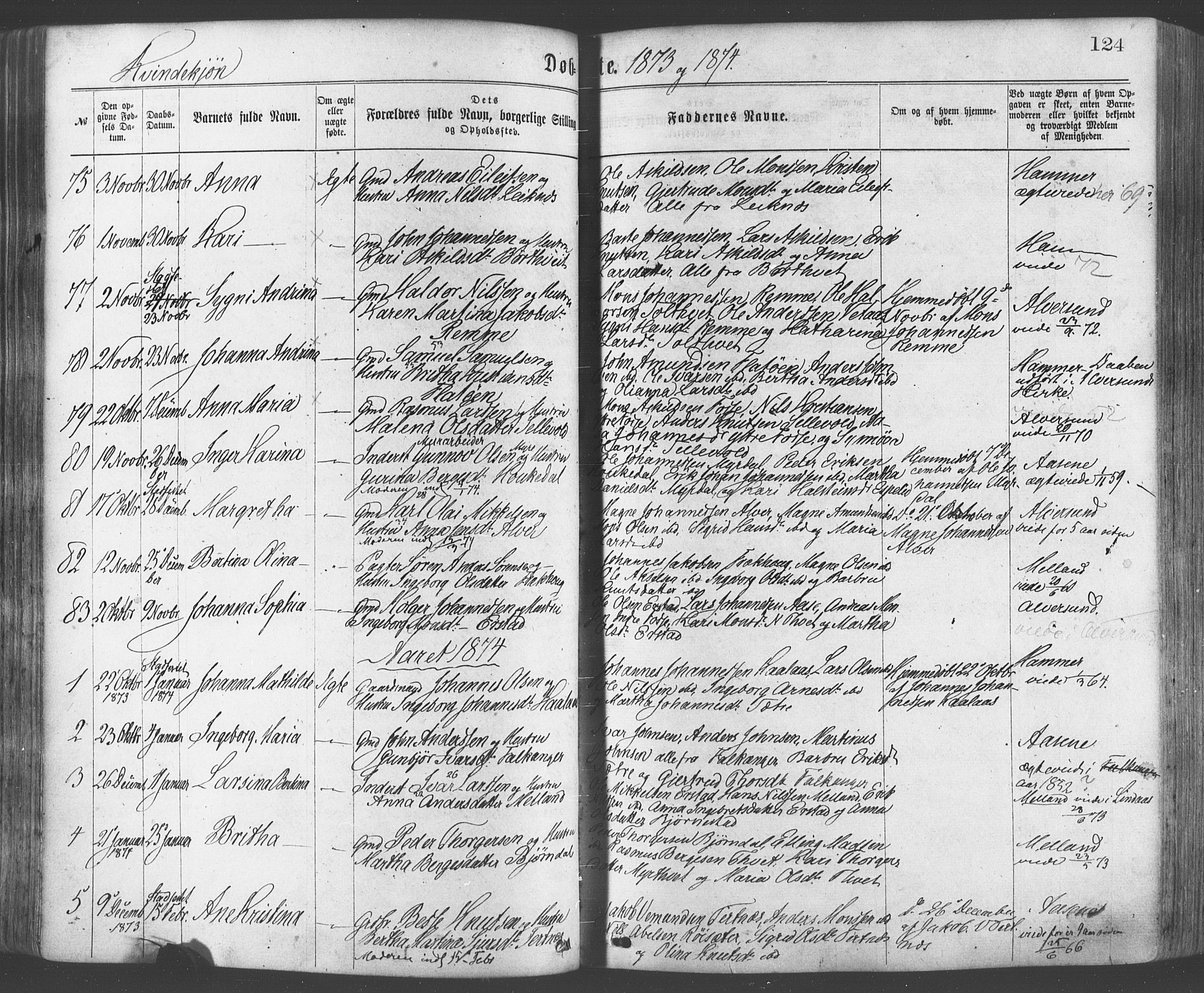 Hamre sokneprestembete, AV/SAB-A-75501/H/Ha/Haa/Haaa/L0015: Parish register (official) no. A 15, 1870-1881, p. 124