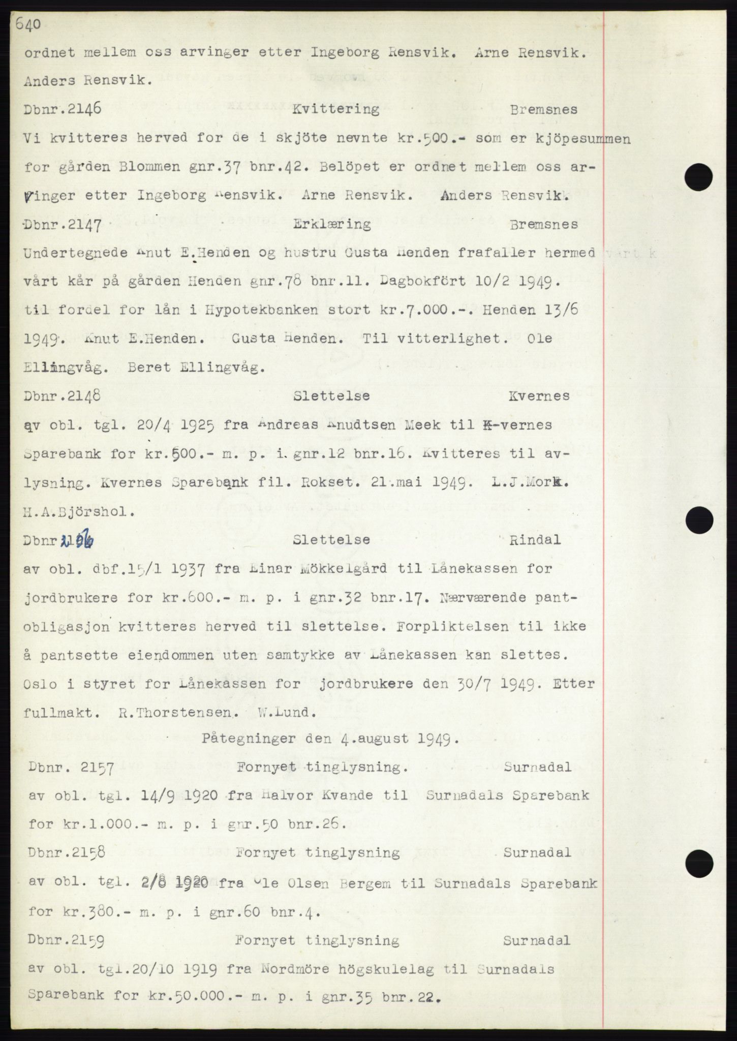 Nordmøre sorenskriveri, SAT/A-4132/1/2/2Ca: Mortgage book no. C82b, 1946-1951, Diary no: : 2146/1949