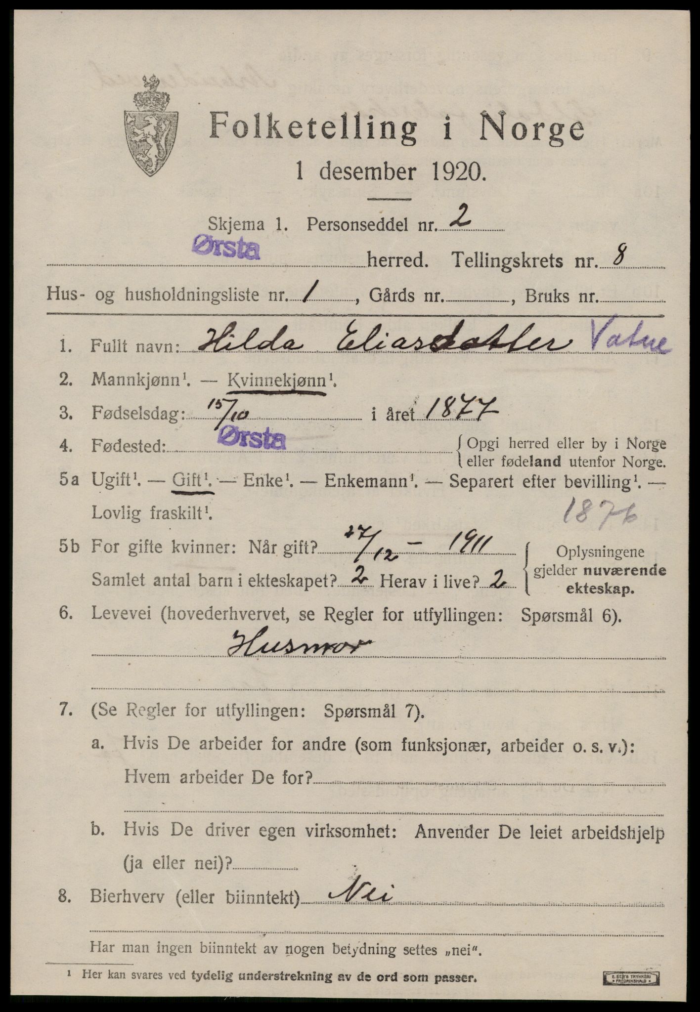 SAT, 1920 census for Ørsta, 1920, p. 5980