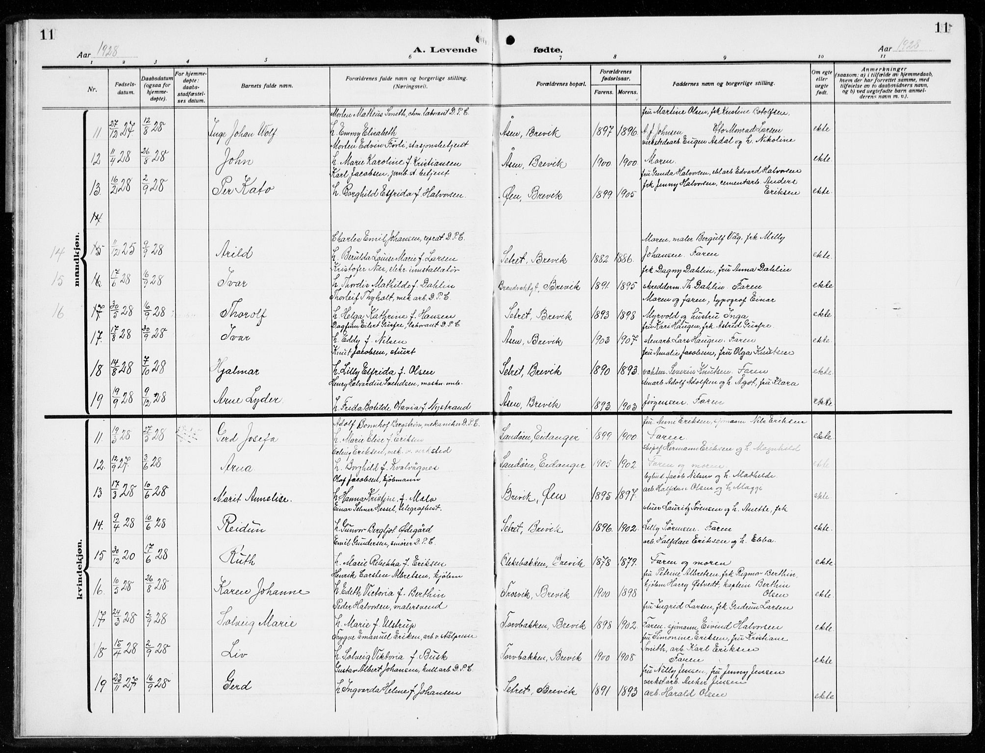 Brevik kirkebøker, SAKO/A-255/G/Ga/L0006: Parish register (copy) no. 6, 1922-1940, p. 11